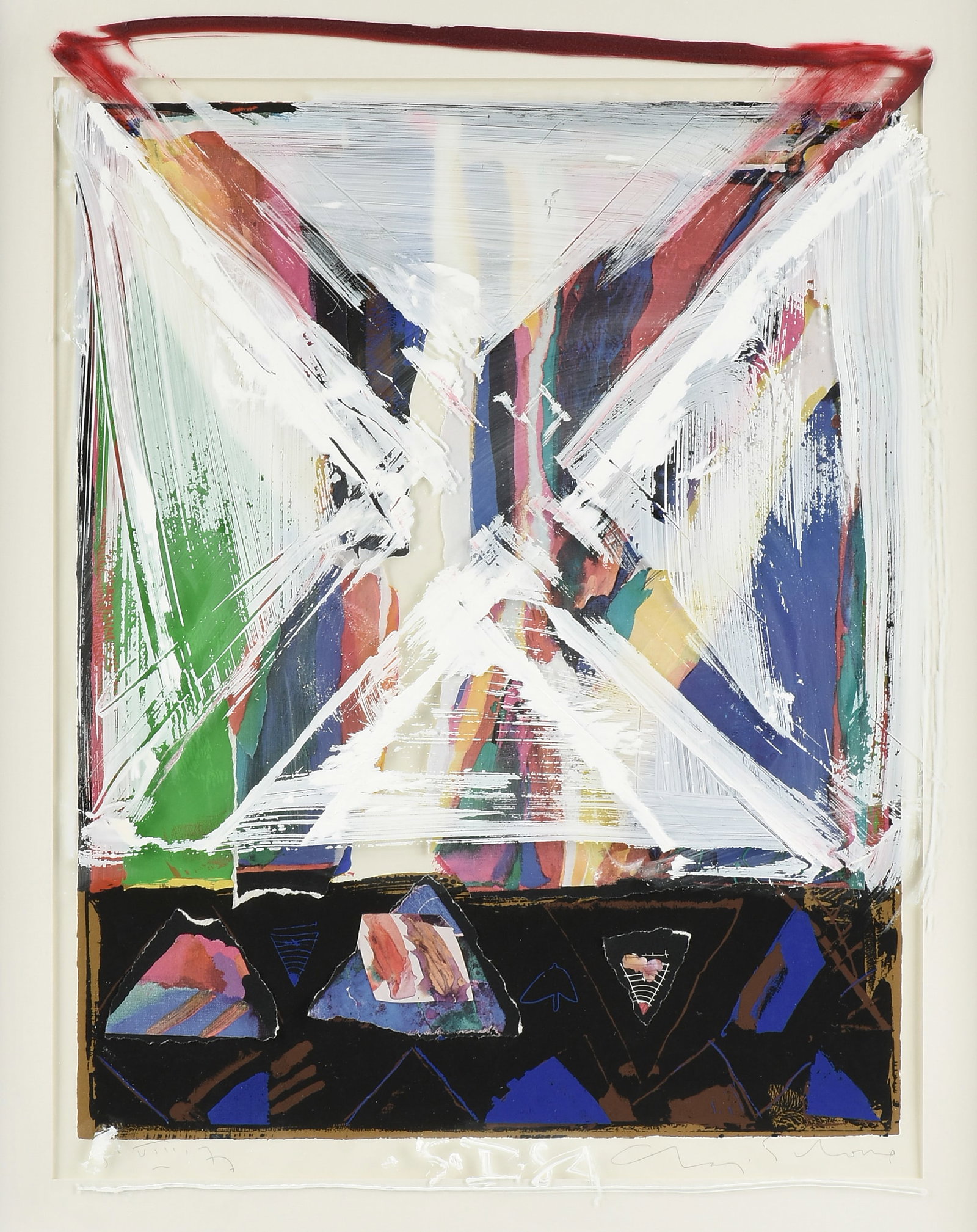 CHARLES SCHORRE (American/Texas 1925-1996) In the Name of…, 1984,: CHARLES SCHORRE (American/Texas 1925-1996) In the Name of…, 1984, mixed media with a serigraph framed under glass with oil and acrylic applied to the glass, the serigraph is signed in pencil low