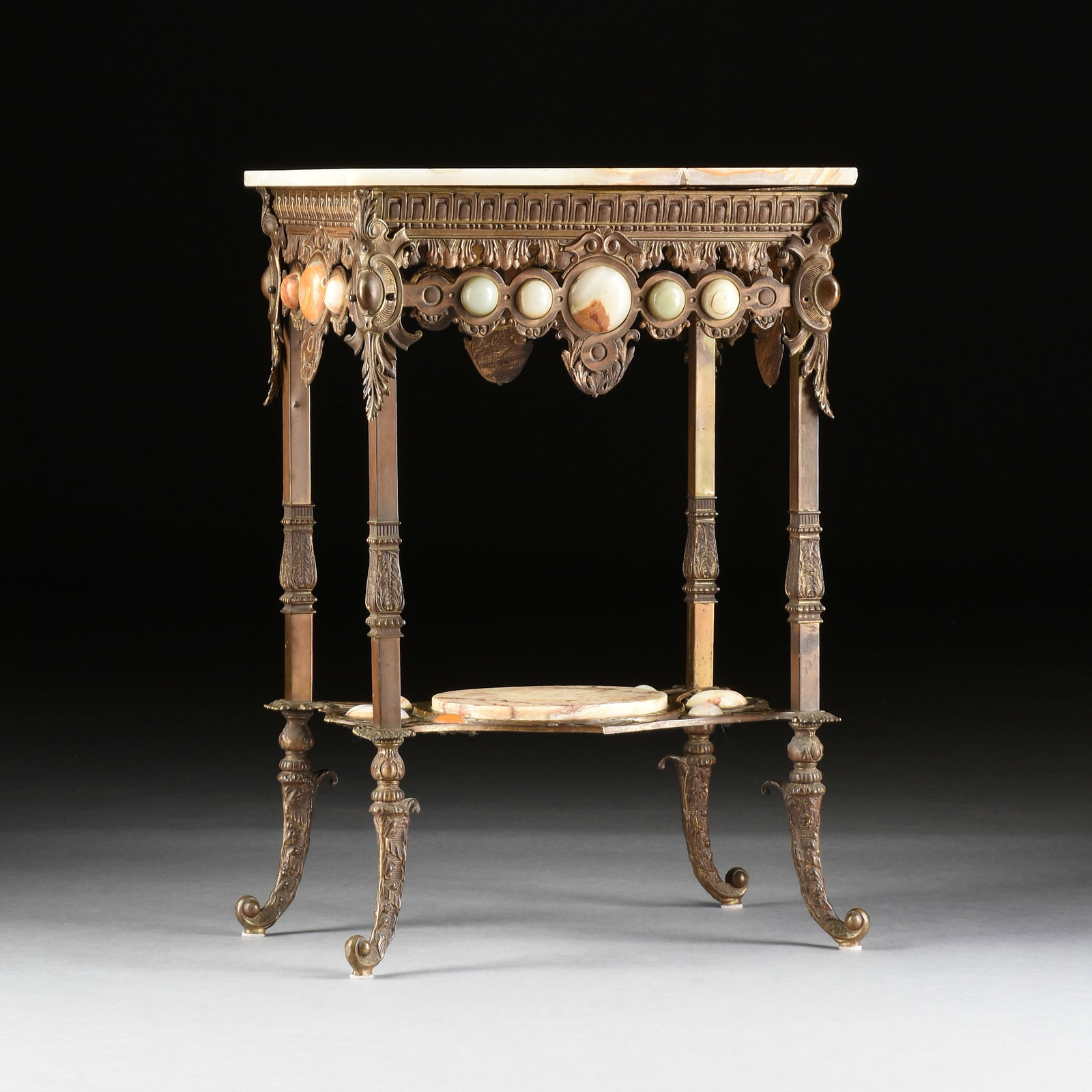 A REVIVAL STYLE BRONZE ORMOLU AND ONYX OCCASIONAL TABLE, PROBABLY FRENCH, LATE 19TH CENTURY, (1 of 9)