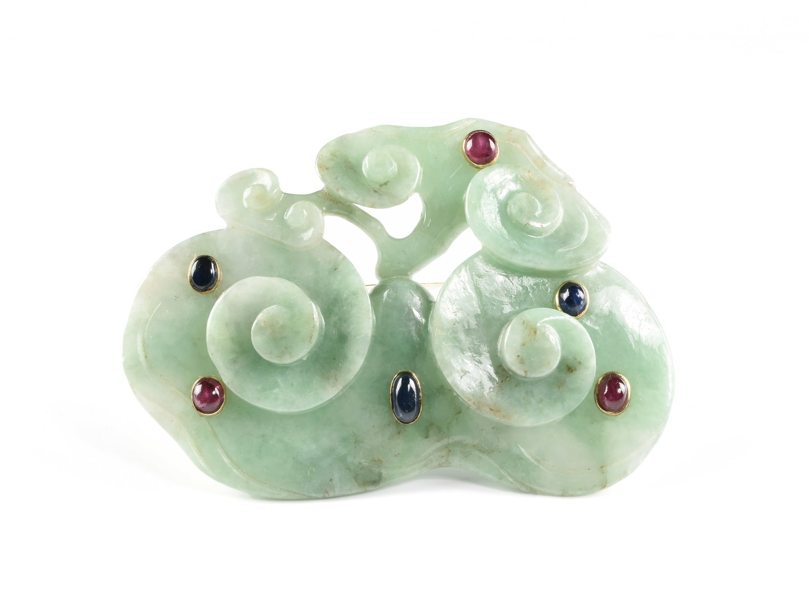 A 14K GOLD, JADE, RUBY, AND SAPPHIRE BROOCH, (1 of 4)