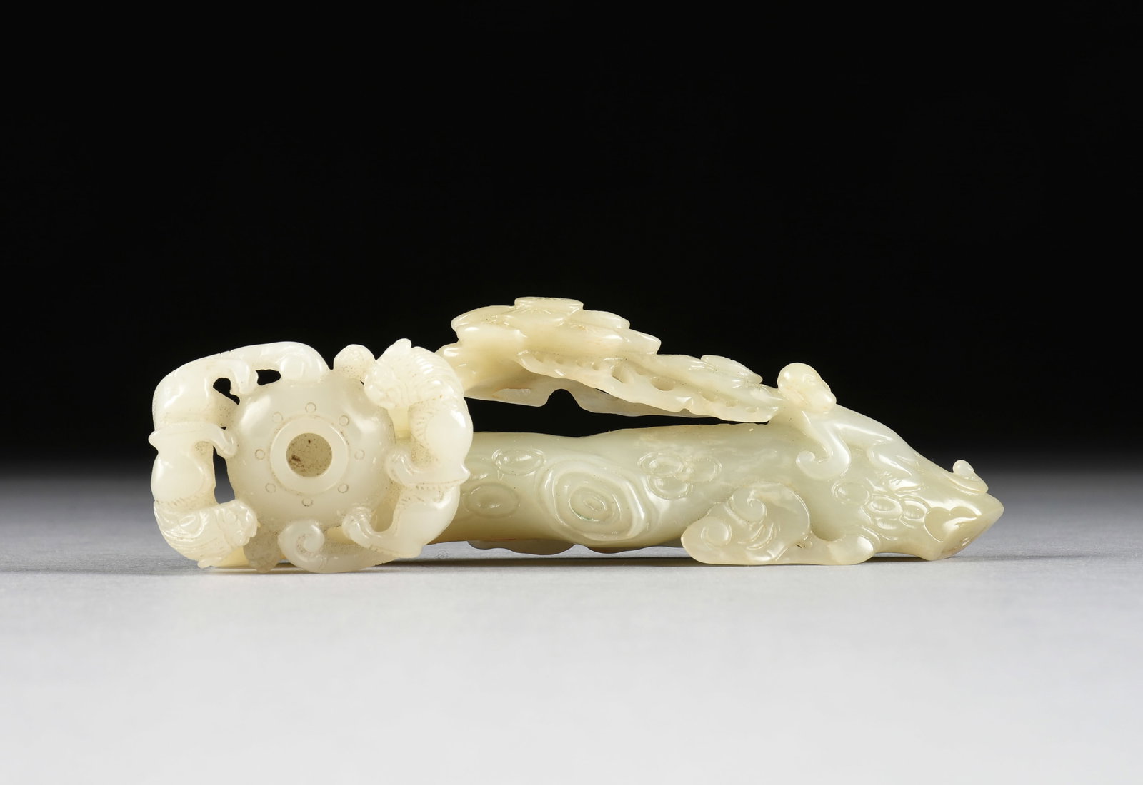 A CELADON JADE INKWELL AND BRUSH STAND, CHINESE, (1 of 7)