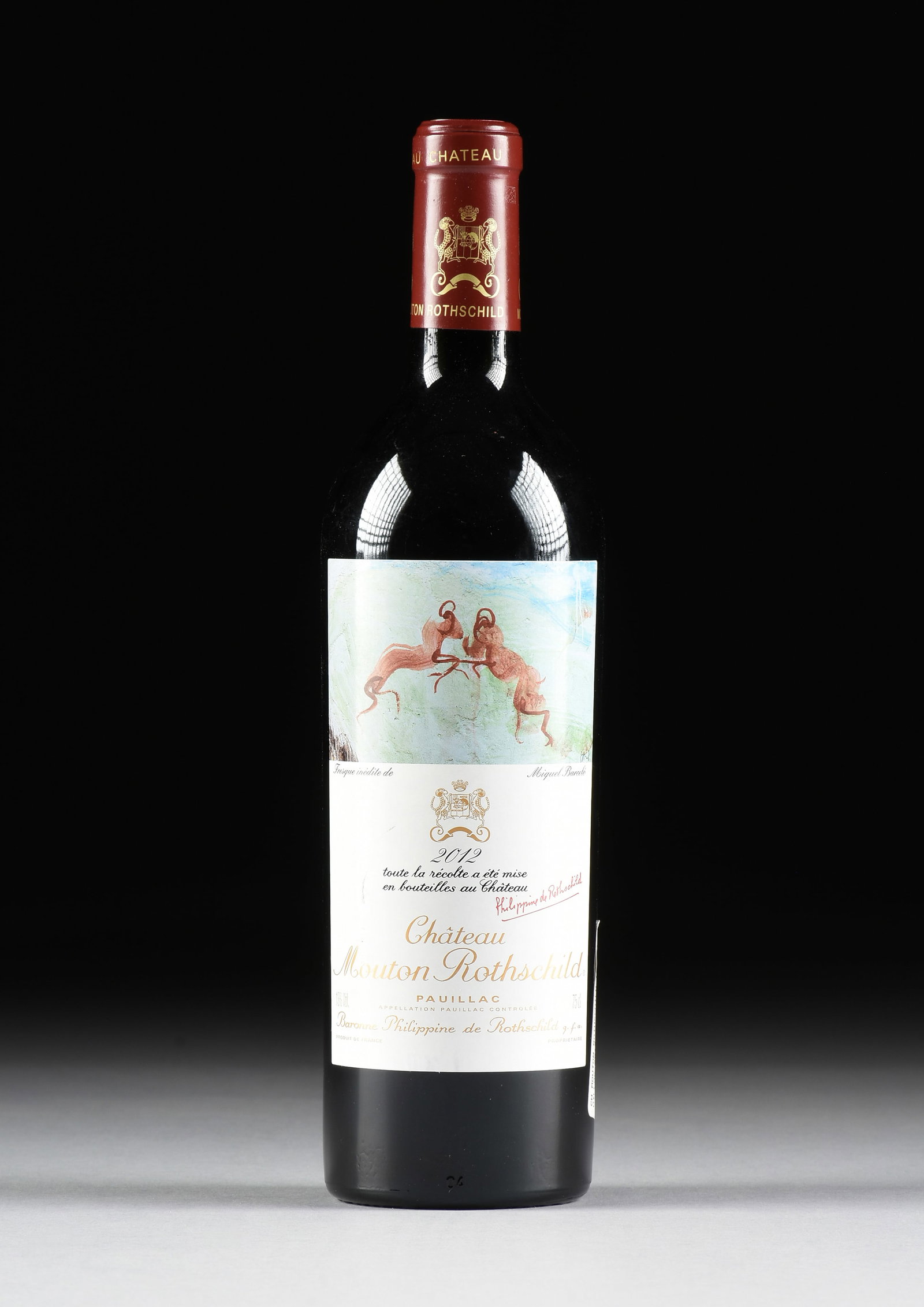 A CHÂTEAU MOUTON ROTHSCHILD BORDEAUX, FRENCH, 2012,: A CHÂTEAU MOUTON ROTHSCHILD BORDEAUX, FRENCH, 2012, one 750 ml bottle of Château Mouton Rothschild Bordeaux from Pauillac, France. 12 1/4 x 3 in. (31.1 x 7.6 cm.) Provenance: Private Collect