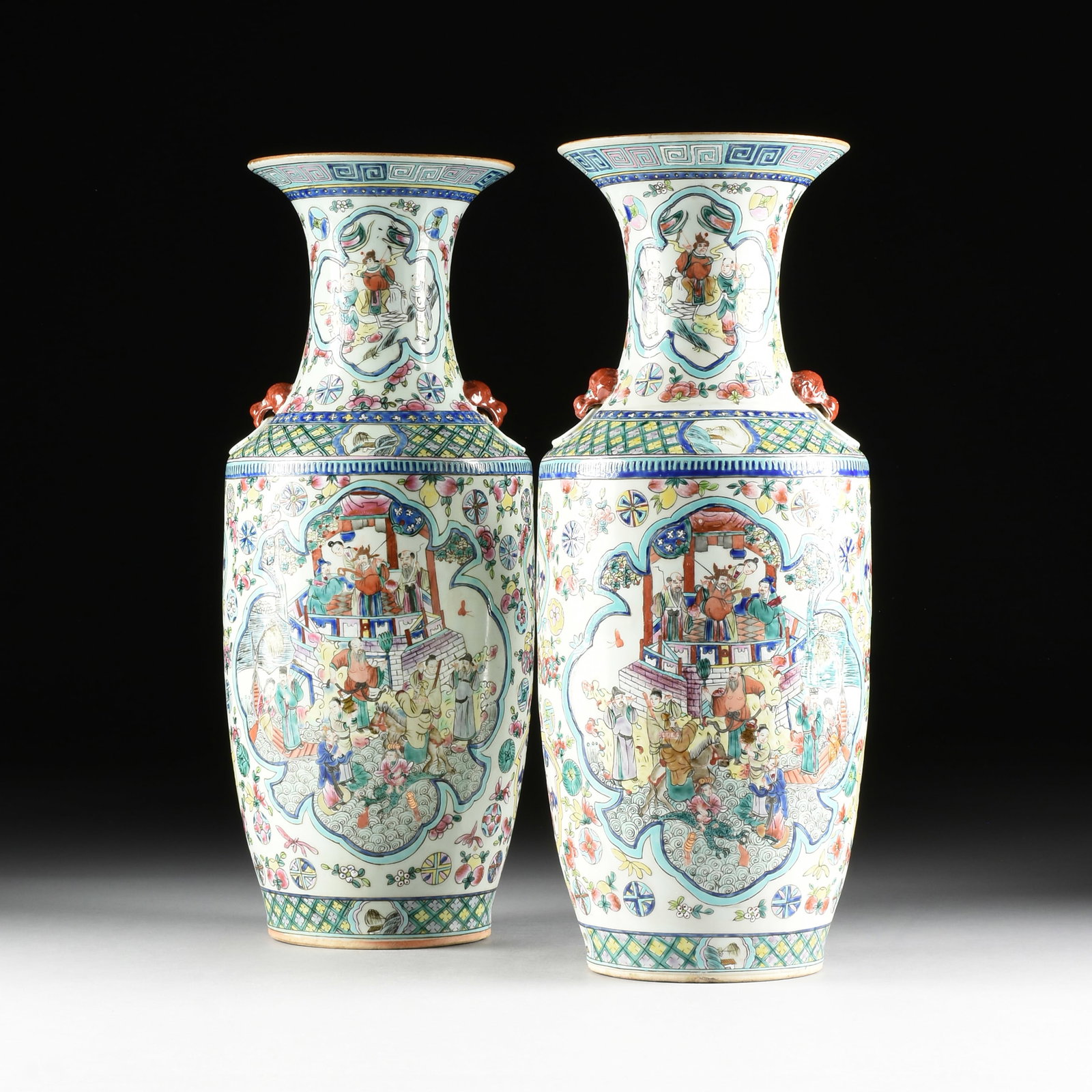 A PAIR OF FAMILLE ROSE STYLE PORCELAIN VASES, CHINESE, 20TH CENTURY,: A PAIR OF FAMILLE ROSE STYLE PORCELAIN VASES, CHINESE, 20TH CENTURY, two hand-painted porcelain vases with figural scenes, each with mark on underside. Each: 23 in. (58.4 cm.) Provenance: Private Coll