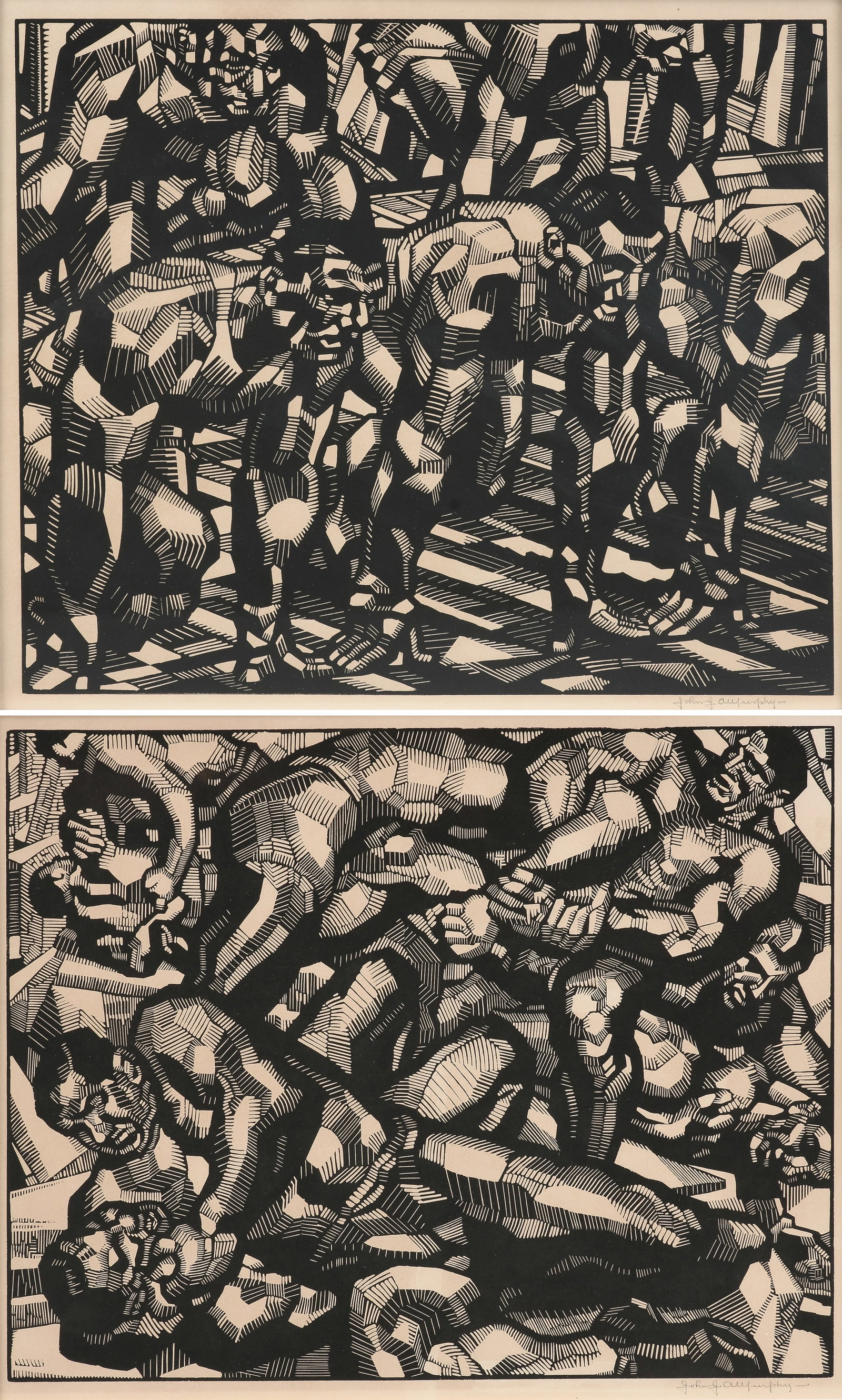 JOHN J.A. MURPHY (American 1888-1967) TWO PRINTS Sprinters and Wrestlers, 1924-31,: JOHN J.A. MURPHY (American 1888-1967) TWO PRINTS Sprinters and Wrestlers, 1924-31, two woodcuts on paper, each signed lower right, "John J.A. Murphy." 12 x 14 1/2 in. (30.5 x 36.8 cm.), Frames: 26 x 3
