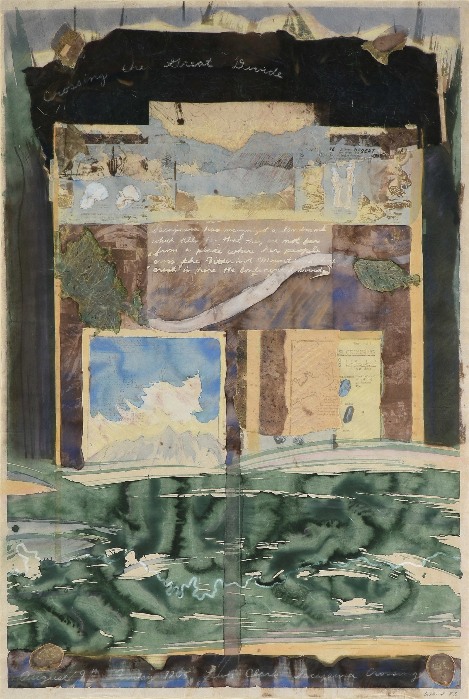 LIZ WARD (American/Texas b. 1959) Crossing the Great Divide, 1983,: LIZ WARD (American/Texas b. 1959) Crossing the Great Divide, 1983, mixed media collage on paper, signed and dated lower right, "Ward 83." 30 1/4 x 20 in. (76.8 x 50.8 cm.), Frame: 35 3/4 x 25 1/2 in. 