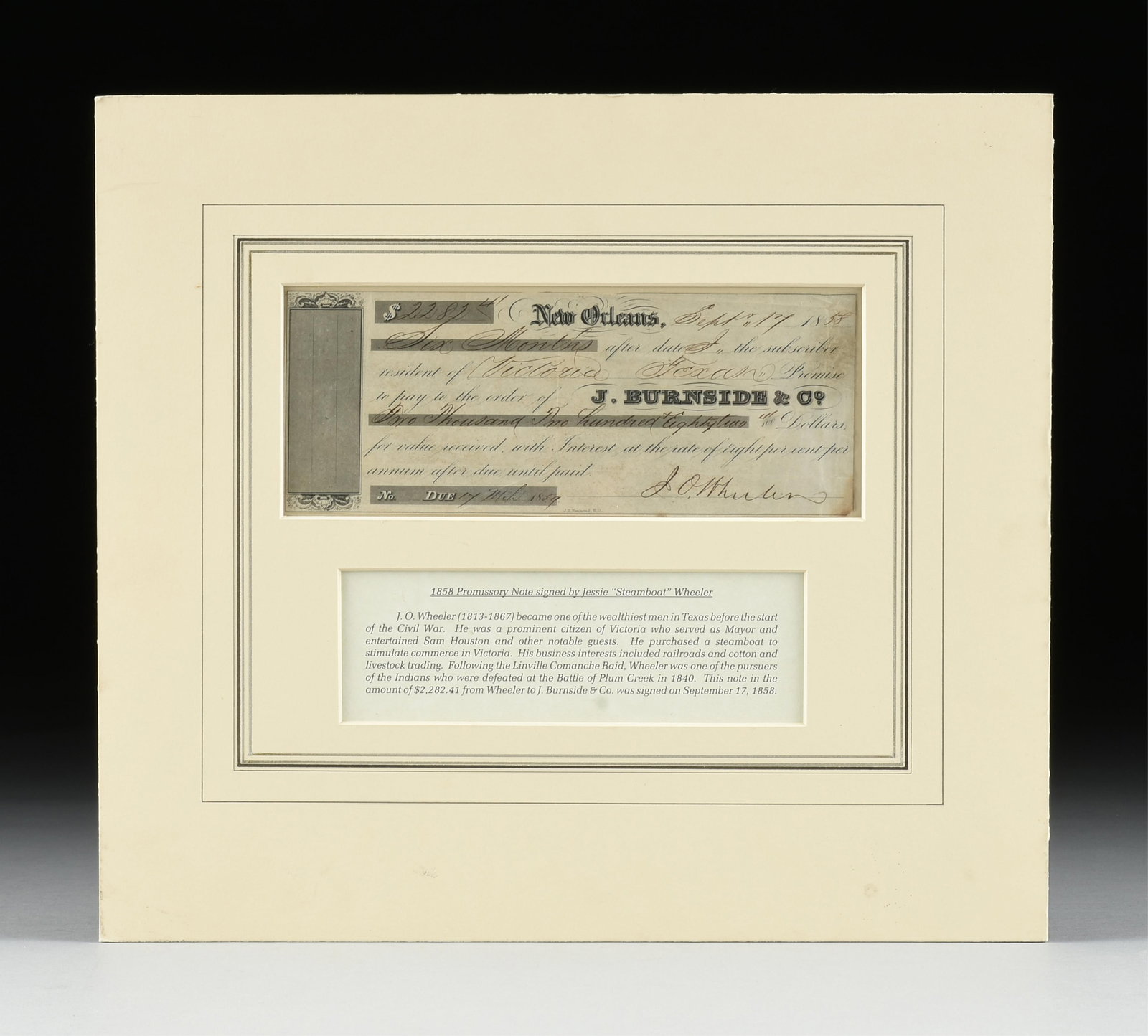 A PROMISSORY NOTE SIGNED BY J.O. WHEELER, AMERICAN, 1858, (1 of 2)