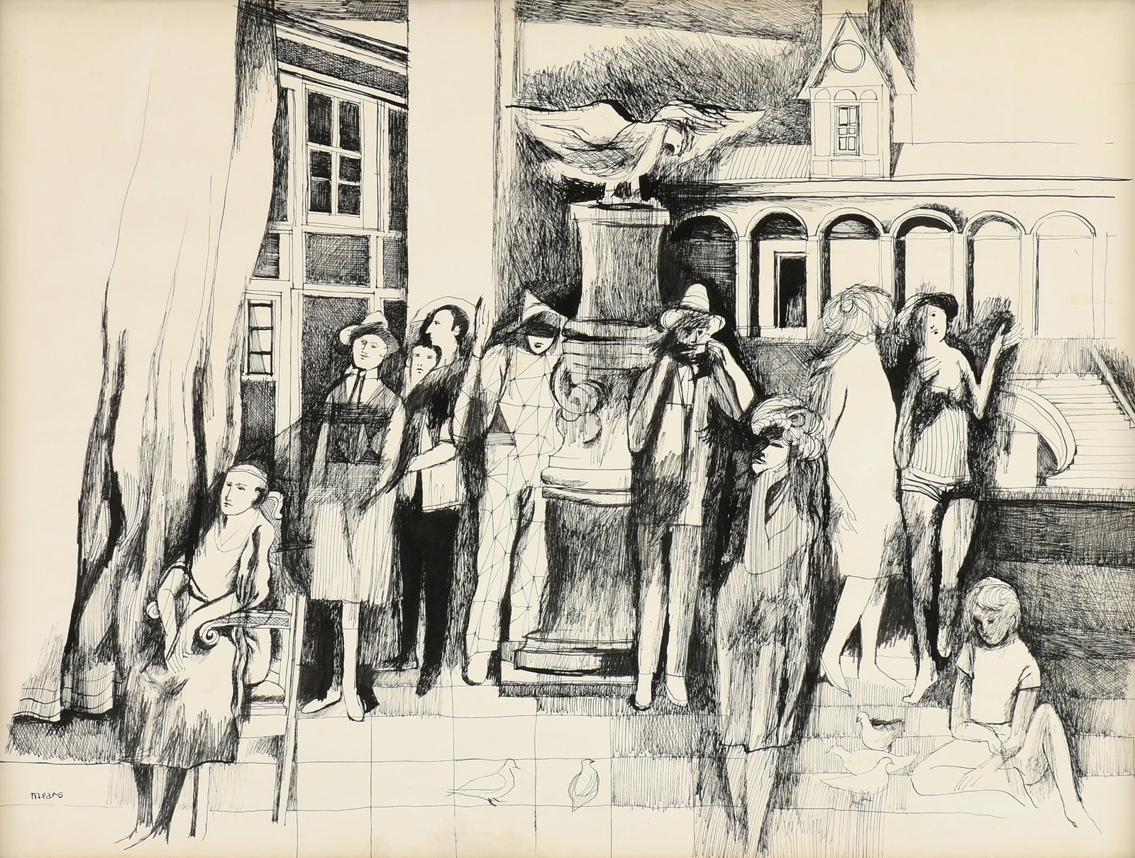 HERB MEARS (American/Texas 1923-1999) Figural Group (Untitled), 20TH CENTURY,: HERB MEARS (American/Texas 1923-1999) Figural Group (Untitled), 20TH CENTURY, ink drawing on paper, signed lower left, "Mears," with a label on reverse of frame from DuBose Gallery, Houston, Texas.