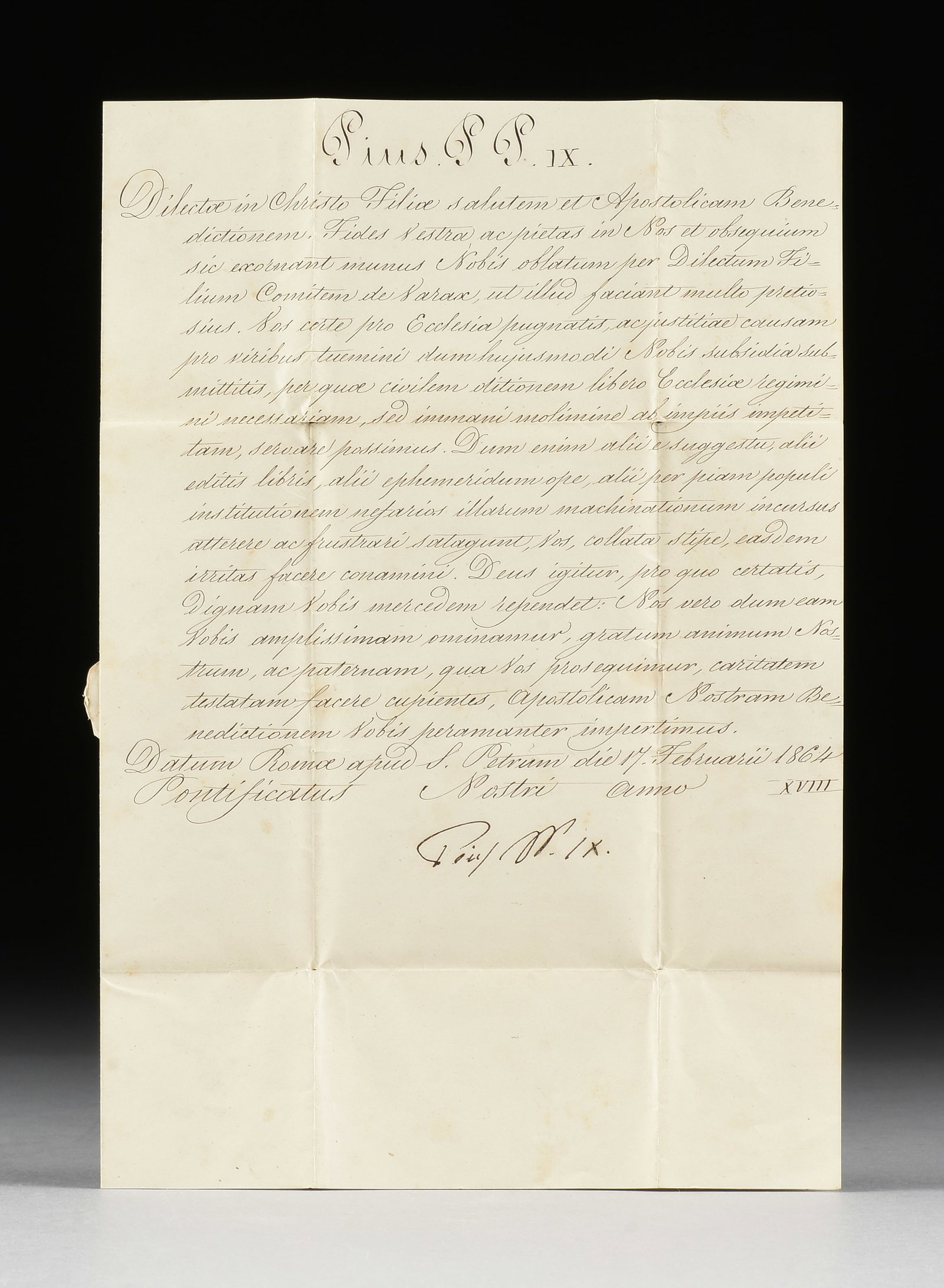 A POPE PIUS IX SIGNED LETTER TO FRENCH NOBLE WOMEN, 1864,: A POPE PIUS IX SIGNED LETTER TO FRENCH NOBLE WOMEN, 1864, ink on paper with intact red seal on back. A letter written to the noble women of Catalaunum (the ancient Latin name for the modern French