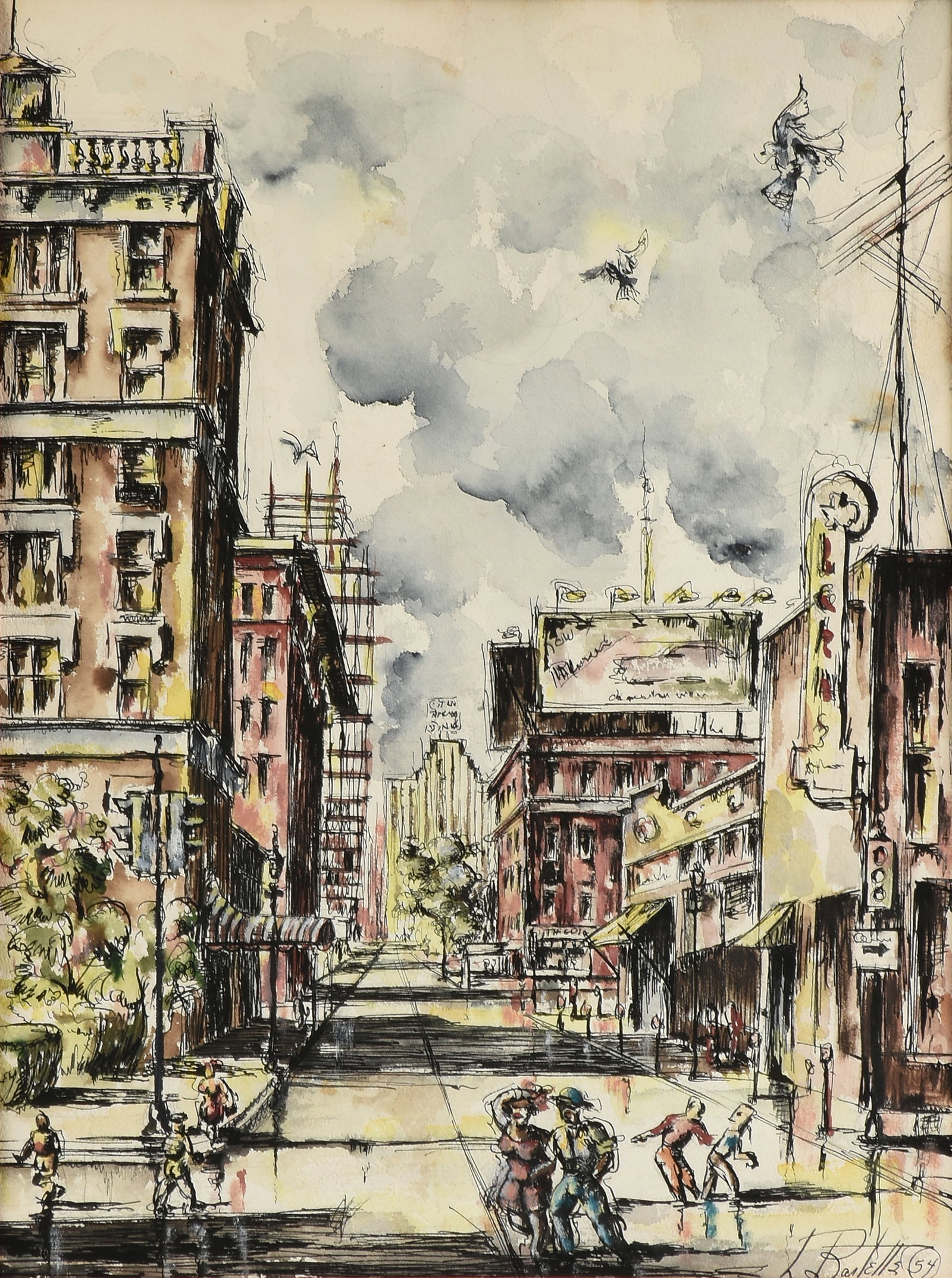 LLOYD BARTELLS (American/Texas) Downtown Houston, 1954,: LLOYD BARTELLS (American/Texas) Downtown Houston, 1954, watercolor and ink on paper, signed and dated lower right, "L. Bartells 54." 22 1/2 x 16 3/4 in. (57.2 x 42.5 cm.), Frame: 33 x 23 in. (83.8 x