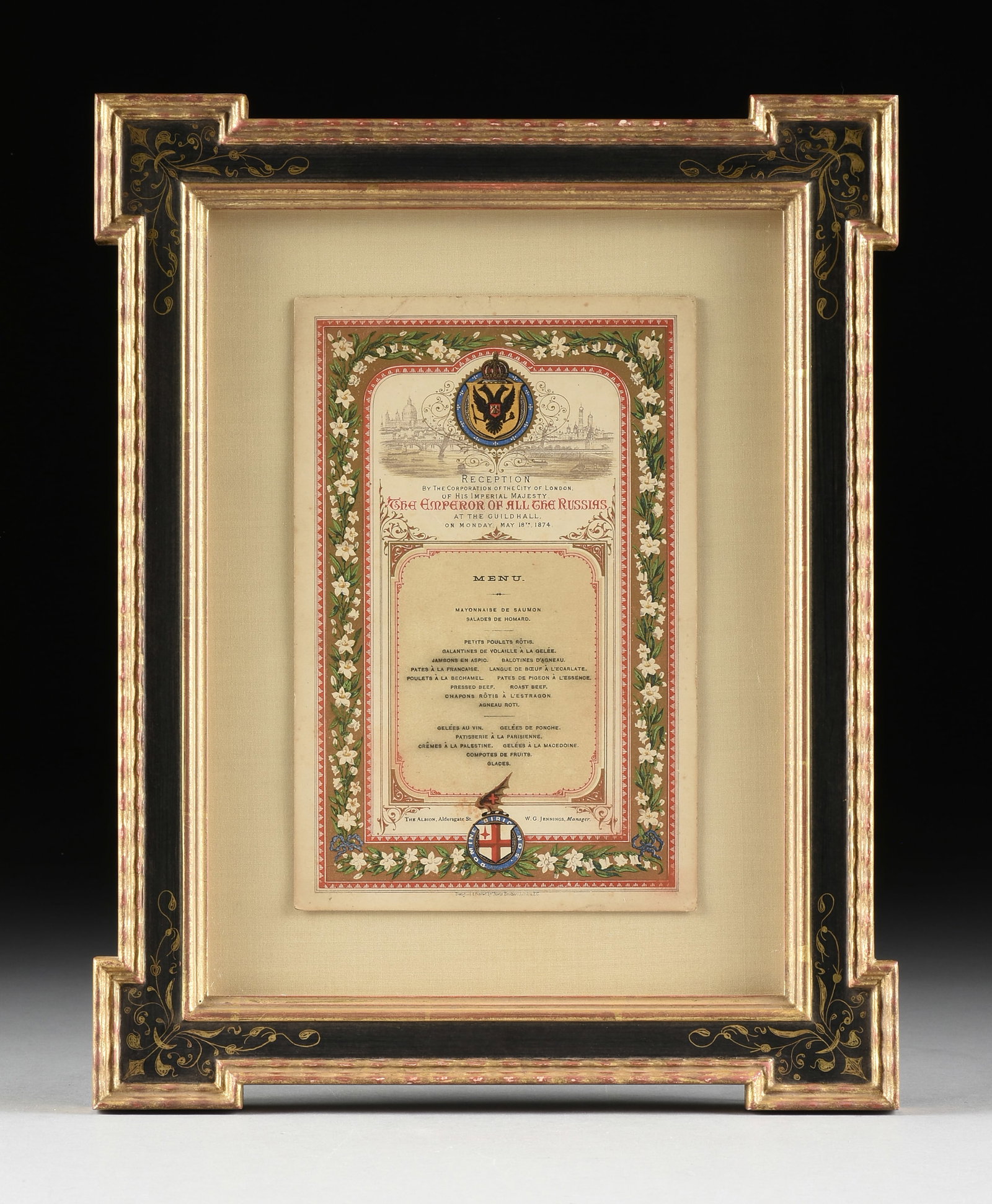 ROYAL MENUS, BRITISH, 19TH/20TH CENTURY,: ROYAL MENUS, BRITISH, 19TH/20TH CENTURY, three royal menus, including one reception for Alexander II (Czar of Russia) in London dated May 18, 1874, and two menus framed together, one from the H.M.Y