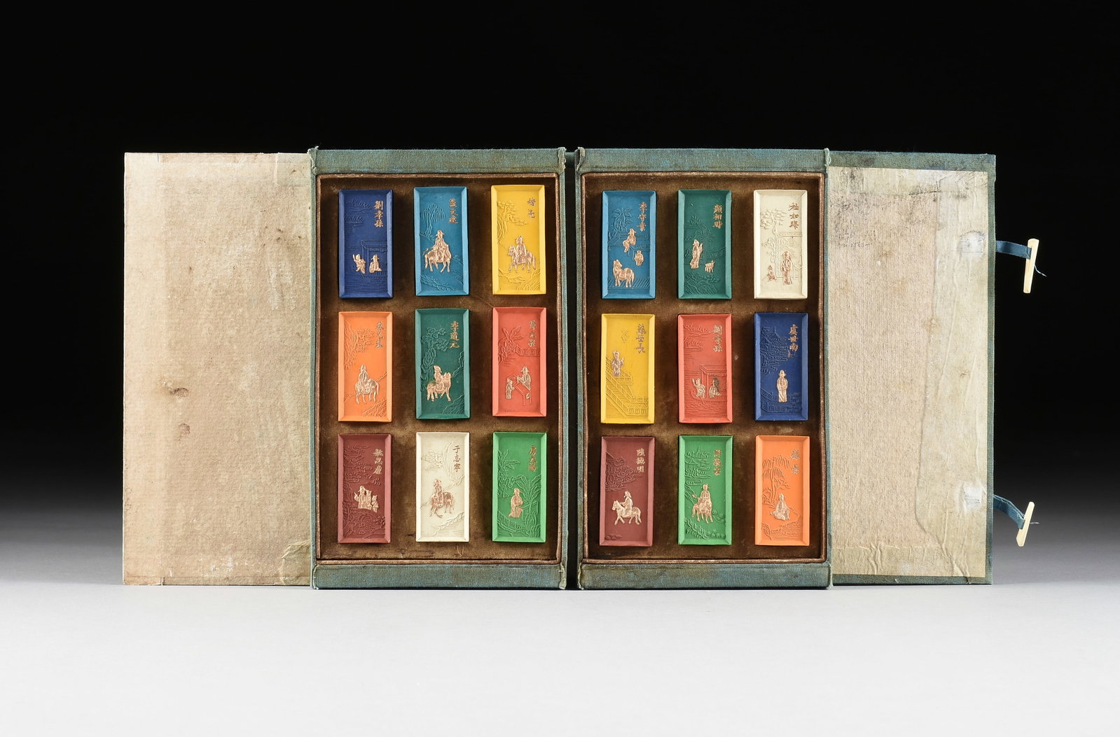 A CASED SET OF EIGHTEEN MULTICOLOR INK STICKS, CHINESE, 20TH CENTURY, (1 of 7)
