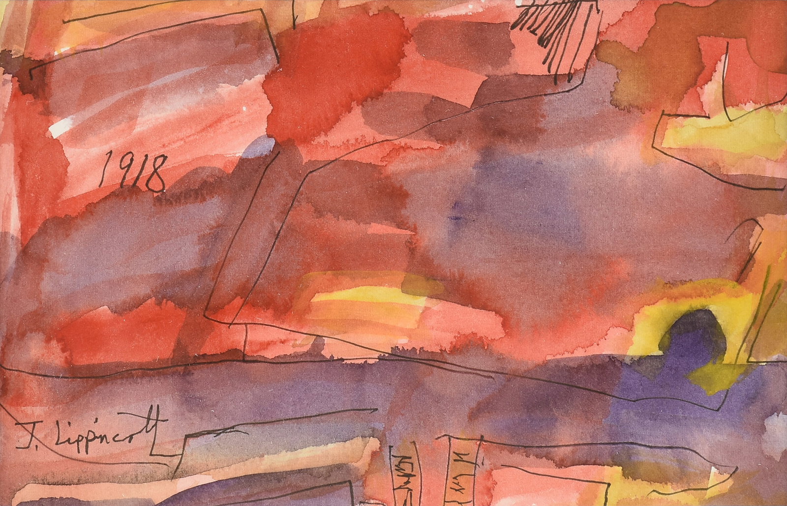 JANET LIPPINCOTT (American 1918-2007) 1918, 20TH CENTURY,: JANET LIPPINCOTT (American 1918-2007) 1918, 20TH CENTURY, watercolor on paper, signed lower left, "J. Lippincott," and marked at center left, "1918." 5 1/4 x 8 1/4 in. (13.3 x 21 cm.), Frame: 10 x 12 