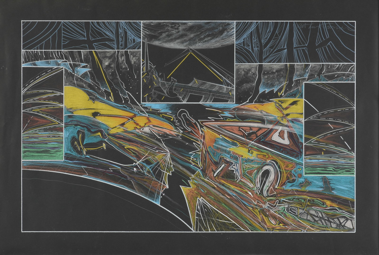 ARTHUR TURNER (American/Texas 1940-2024) Nightpiece #58, 1981,: ARTHUR TURNER (American/Texas 1940-2024) Nightpiece #58, 1981, prismacolor pencil on paper, signed upper right, "Arthur Turner," and with a label on reverse from Moody Galley, Houston, Texas. 29 1/2 x