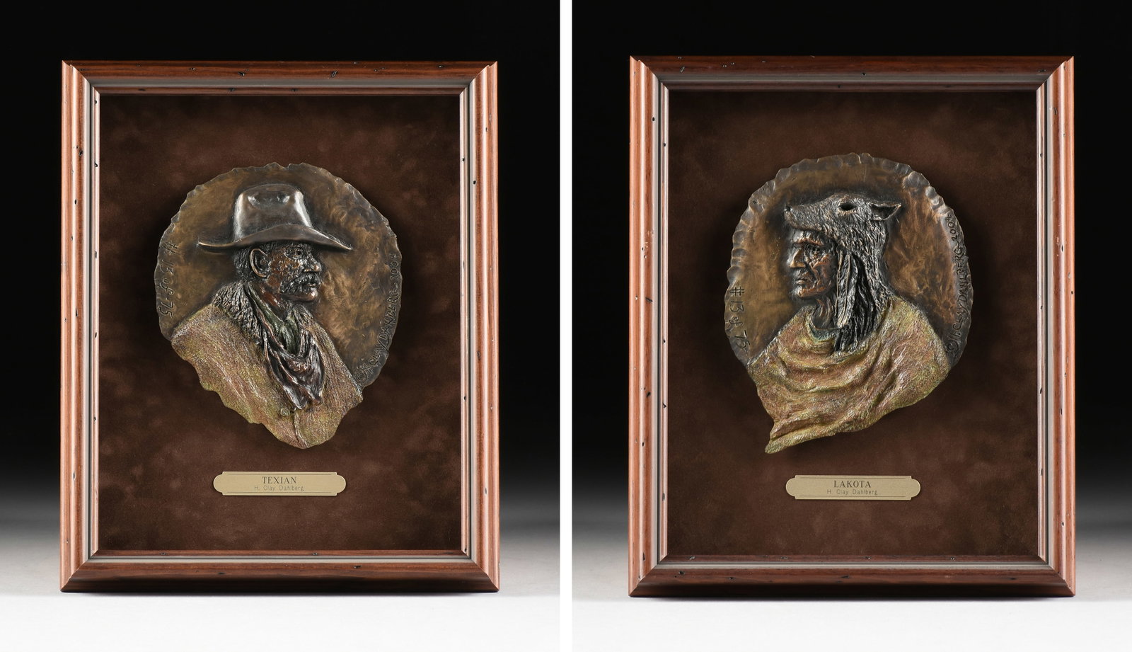 CLAY DAHLBERG (American/Texas 1946-2021) A PAIR OF BRONZE PLAQUES Texian, and Lakota, 2004, (1 of 12)
