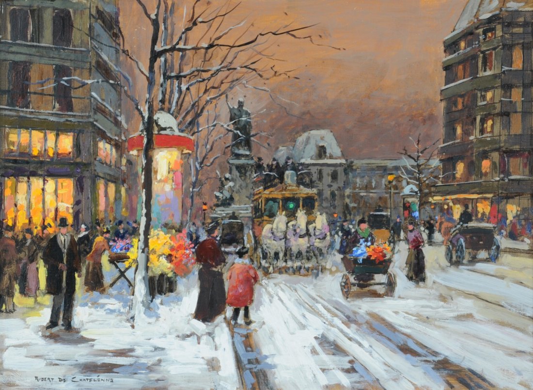 ROBERT de CHATELENNE (American/Texas 20th Century) A PA: ROBERT de CHATELENNE (American/Texas 20th Century) A PAINTING, "Parisian evening street scene in winter," oil on canvas, signed L/L. 13 1/4" x 18" Framed. Estimate: $800.00 - $1,200.00