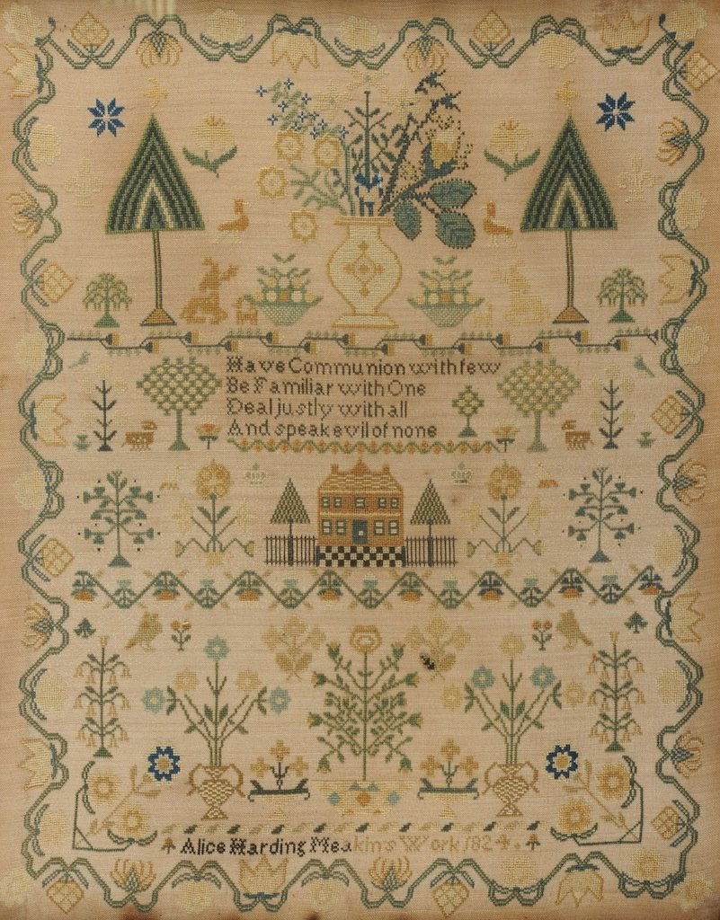 AN ANTIQUE NEEDLEWORK SAMPLER SIGNED BY ALICE HARDING M: AN ANTIQUE NEEDLEWORK SAMPLER SIGNED BY ALICE HARDING MEAKINS, 1824, stitched with stylized trees, flower filled urns, animals, birds and a house. With the quotation by Rev. Mathew Henry: “Have comm