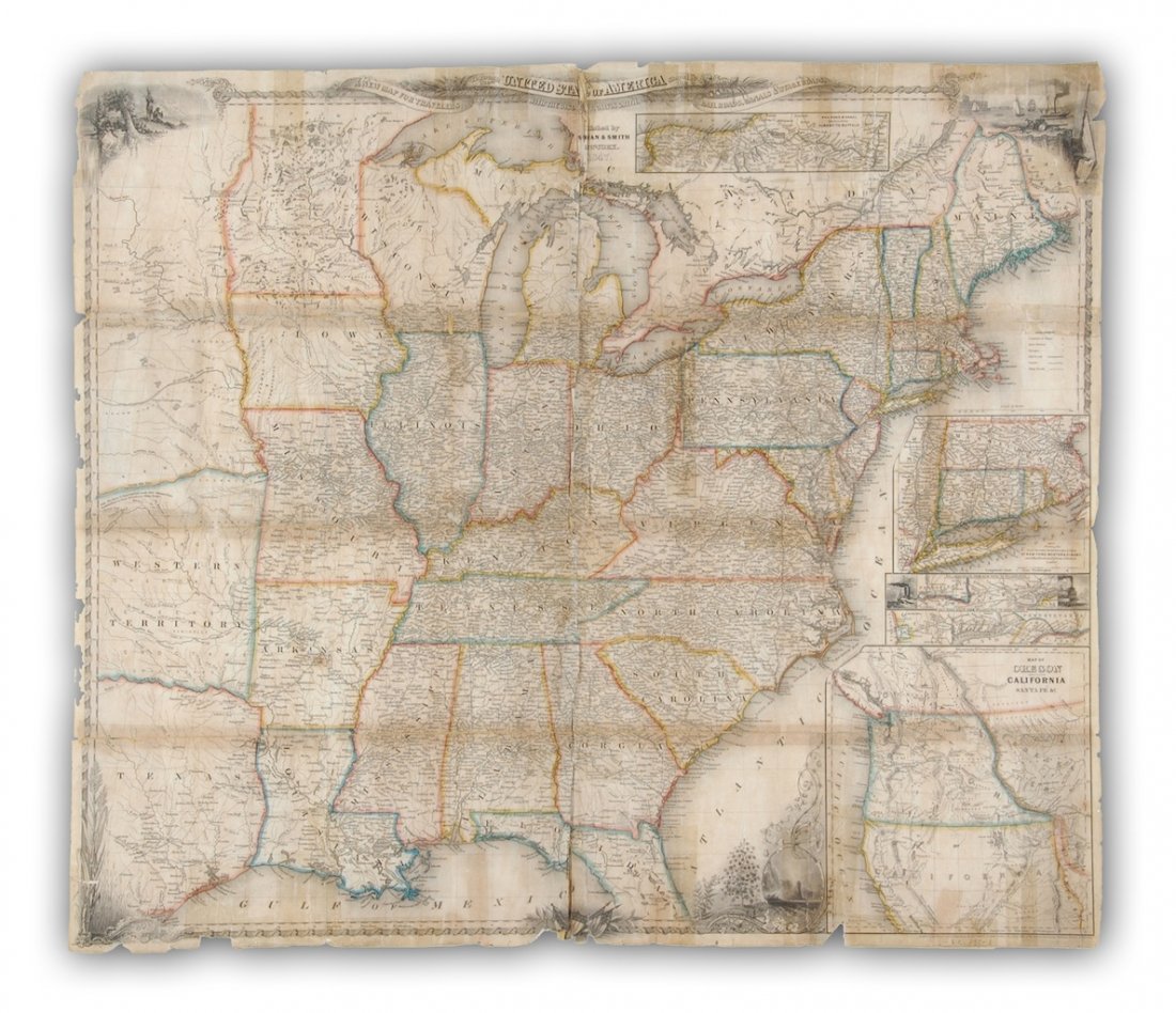 A MAP, UNITED STATES OF AMERICA, J. CALVIN SMITH, NEW Y: A MAP, UNITED STATES OF AMERICA, J. CALVIN SMITH, NEW YORK, SHERMAN & SMITH, 1846, for travelers showing the railroad, canals and stage roads with distances. 22" x 26". Framed. NOTE: scale ca. 1:4, 25