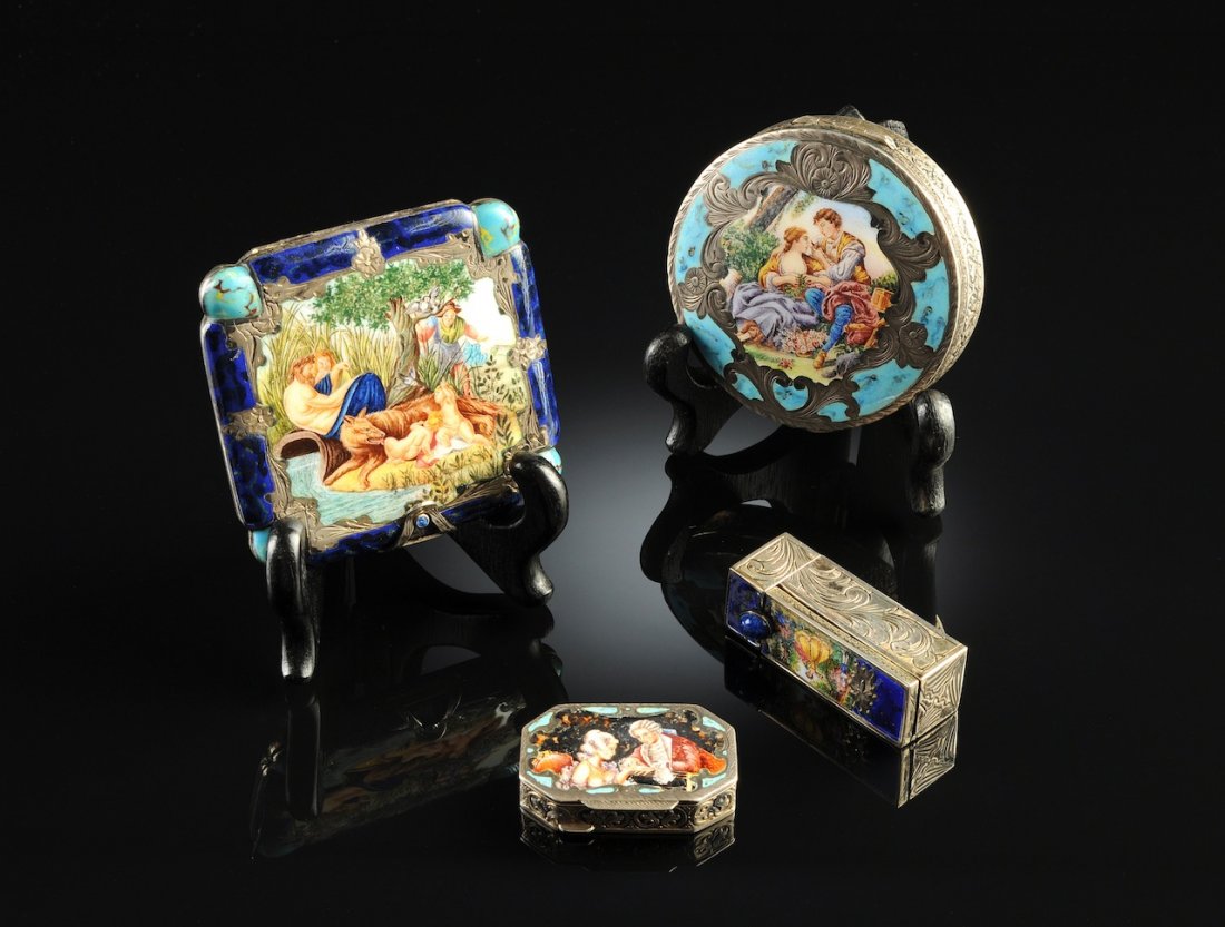 A GROUP OF FOUR ITALIAN POLYCHROME ENAMELED AND ENGRAVE: A GROUP OF FOUR ITALIAN POLYCHROME ENAMELED AND ENGRAVED SILVER LADY'S POWDER, LIPSTICK, AND PILL CASES, BY RISTORI RENATIO DI EGISTO, EACH HALLMARKED, FLORENCE, 1944-1970, comprising a rectangular li