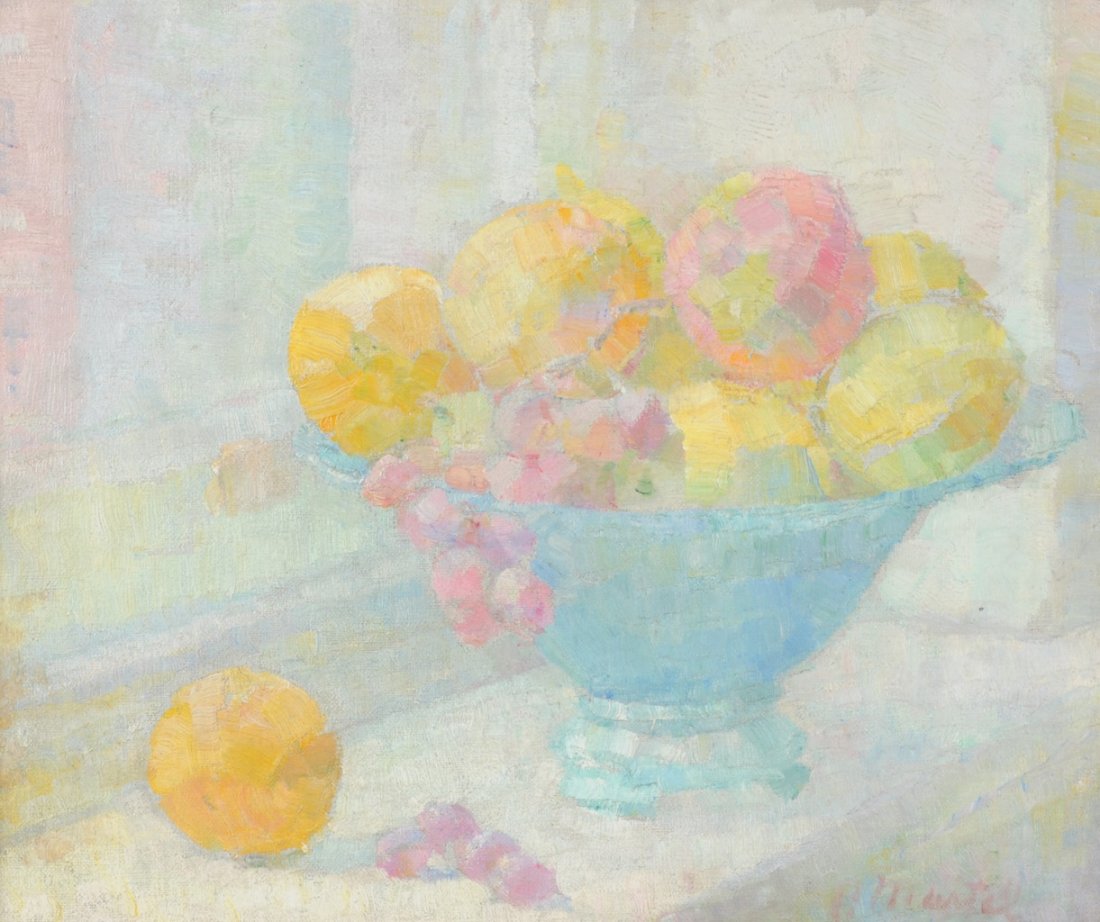 PAUL JEAN MARTEL (Belgian/American 1878-1944) A PAINTIN: PAUL JEAN MARTEL (Belgian/American 1878-1944) A PAINTING, "Fruit in Turquoise Bowl," oil on canvas, signed L/R. 14" x 18" Framed. Purchased from Robert Rice Gallery, Houston, TX 1977. Estimate: $600.0