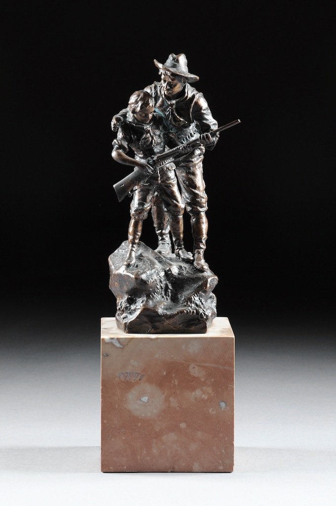 CARL KAUBA (Austrian 1865-1922) A BRONZE SCULPTURE, "Th: CARL KAUBA (Austrian 1865-1922) A BRONZE SCULPTURE, "The First Lesson," signed in the bronze. On marble plinth. Height: 14 3/4" Width: 7 7/8" Depth: 6 1/2" Estimate: $1,500.00 - $2,500.00