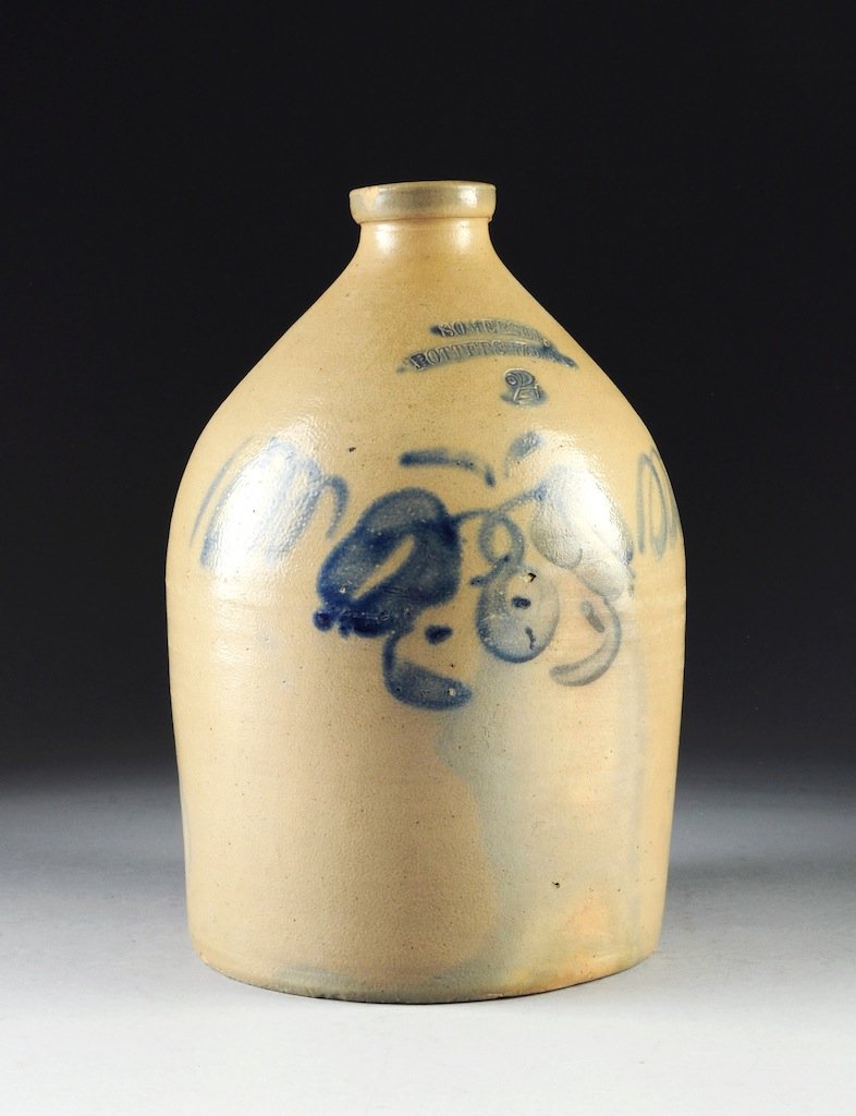 A SOMERSET POTTERS WORKS SALT GLAZED TWO GALLON STONEWA: A SOMERSET POTTERS WORKS SALT GLAZED TWO GALLON STONEWARE JUG, MID 19TH CENTURY, impressed "Somerset, Potters Works / 2" to the neck, the shoulder featuring a fruiting pear flanked by swirling lines o