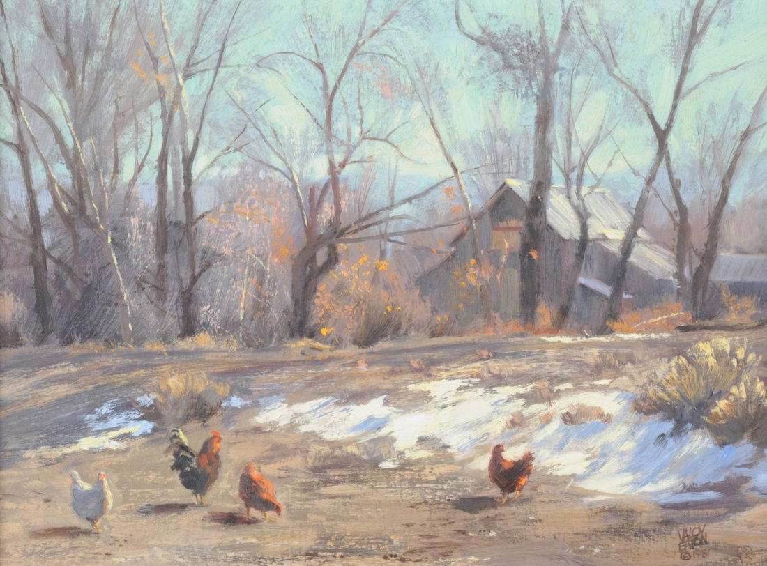 VALOY EATON (American b. 1938) A PAINTING, "Chickens,": VALOY EATON (American b. 1938) A PAINTING, "Chickens," oil on board, signed and dated [19]83 L/R. 12" x 16" Framed. Purchased from Gallery at Shoal Creek, Austin, TX, 1981. Gallery at Shoal Creek labe