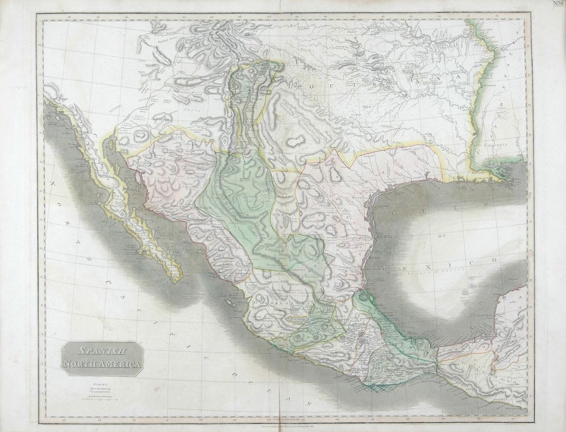 A MAP, SPANISH NORTH AMERICA, JOHN THOMSON (& CO.), 184: A MAP, SPANISH NORTH AMERICA, JOHN THOMSON (& CO.), 1844. 21" x 28". Framed. The Spanish possessions in North America are the focus of this large and significant map. Especially noteworthy is the deli