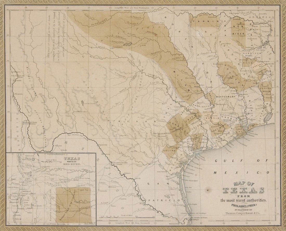 A MAP OF TEXAS, FROM THE MOST RECENT AUTHORITIES, THOMA: A MAP OF TEXAS, FROM THE MOST RECENT AUTHORITIES, THOMAS COWPERTHWAIT, PHILADELPHIA, 1850, with inset of Texas north of the Red River. 12" x 15". Framed. Estimate: $300.00 - $500.00