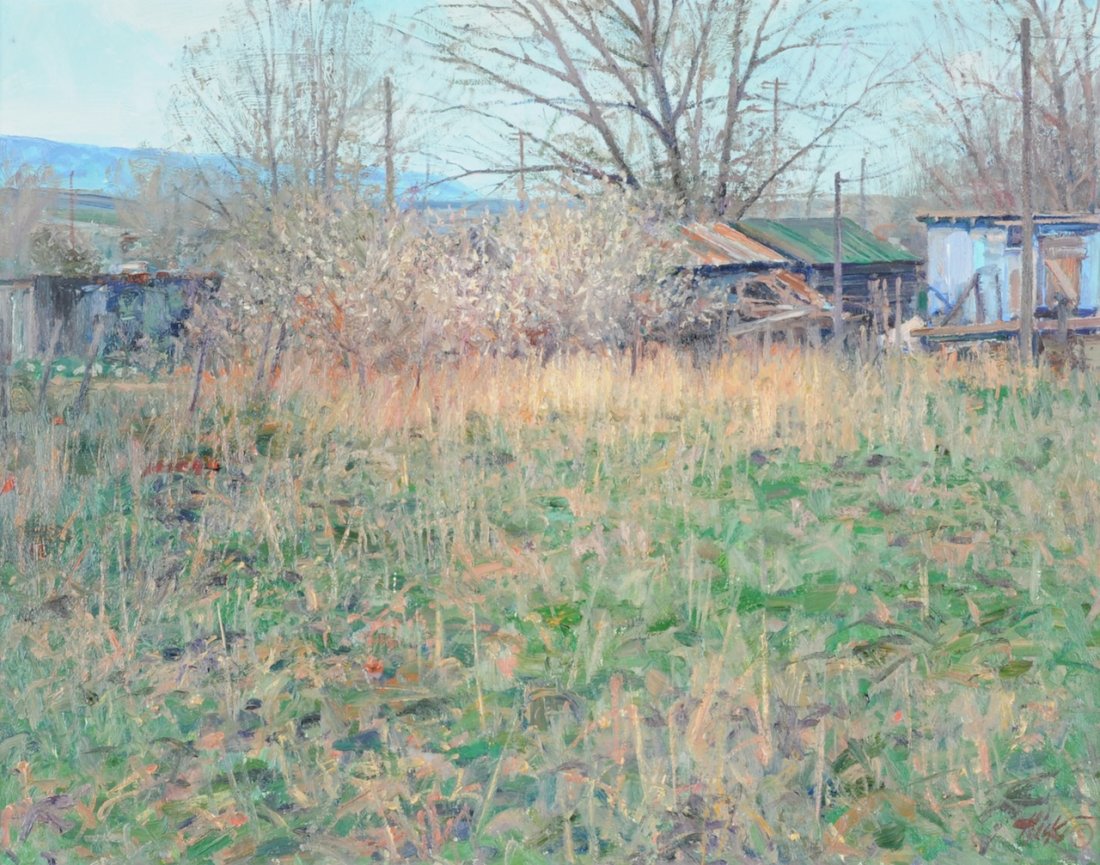 TERRANCE HICK (American b. 1950) A PAINTING, "Spring on: TERRANCE HICK (American b. 1950) A PAINTING, "Spring on the Chelley Place," oil on canvas, signed L/R. 22" x 28" Framed. Purchased from El Prado Gallery of Art, Sedona, AZ, 1980. Estimate: $300.00 - $