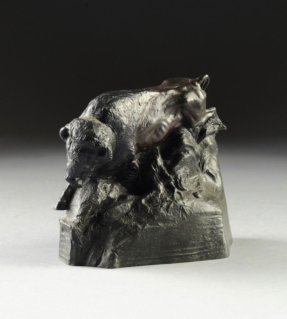 EDWARD JAMES FRAUGHTON (American b. 1939) A BRONZE SCUL: EDWARD JAMES FRAUGHTON (American b. 1939) A BRONZE SCULPTURE, "Gilcrease Rendezvous," signed, (c), dated 1993 and numbered 195/250 in the bronze. Height: 6" Width: 6 1/4" Depth: 3 1/2" Estimate: $2,00