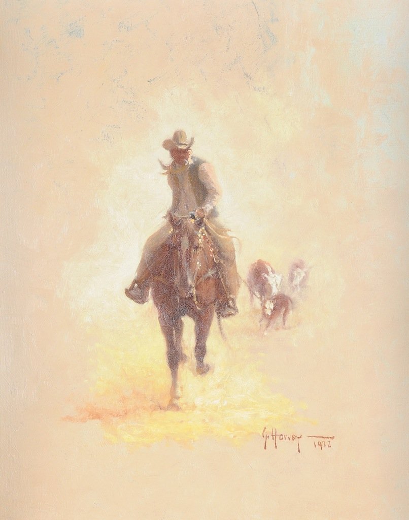 G. (GERALD HARVEY JONES) HARVEY (American/Texas b. 1933: G. (GERALD HARVEY JONES) HARVEY (American/Texas b. 1933) A PAINTING, "Study of a Cowboy," oil on canvas, signed and dated 1972 L/R. 20" x 16" Framed. Estimate: $3,000.00 - $5,000.00