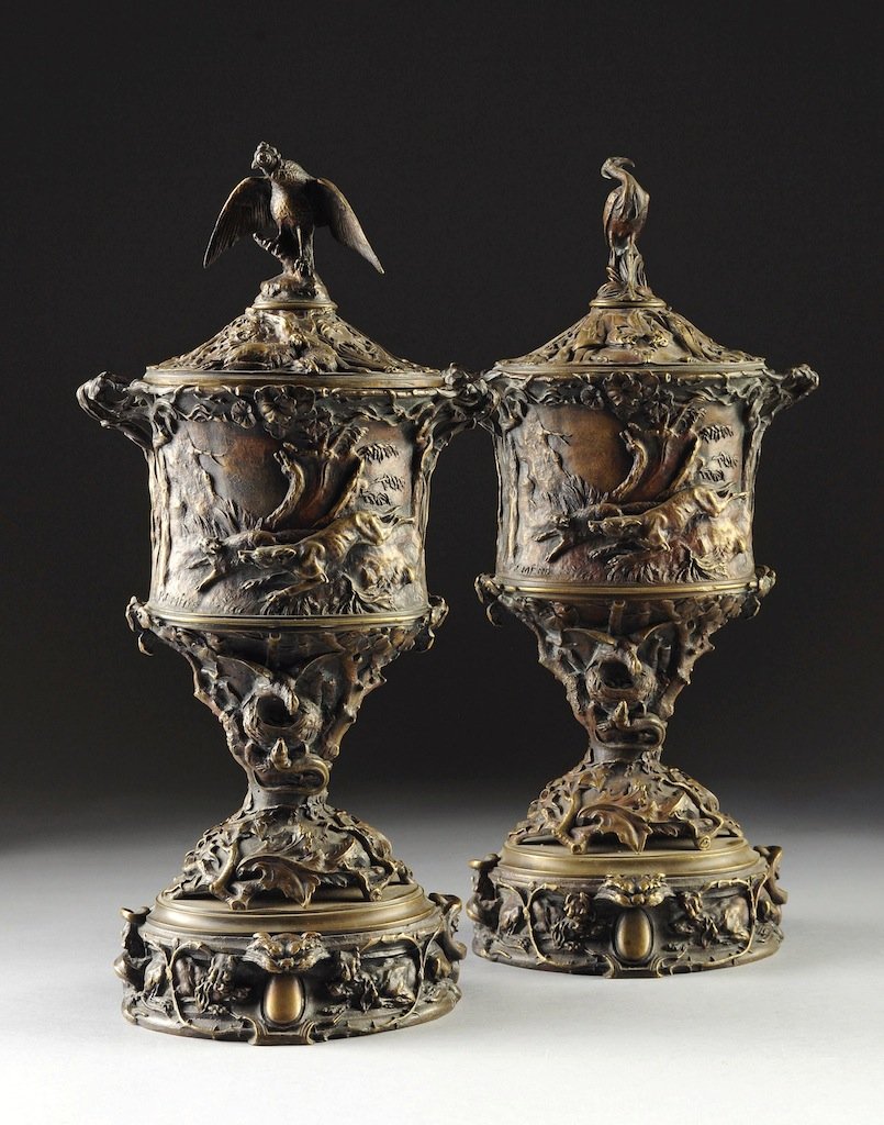 PIERRE-JULES MÊNE (FRENCH 1810-1879), A PAIR OF PATINAT: PIERRE-JULES MÊNE (FRENCH 1810-1879), A PAIR OF PATINATED BRONZE LIDDED "HUNT" VASES, FOURTH-QUARTER 19TH CENTURY, signed "P.J. MENE" in the bronze, impressed on underside "IBRAHIM" and incised "T", 