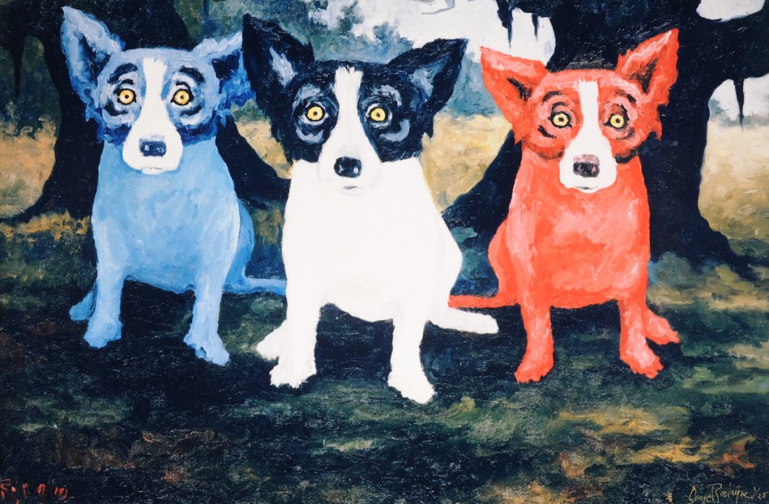 GEORGE RODRIGUE (American b. 1944) A GICLÉE PRINT "Some: GEORGE RODRIGUE (American b. 1944) A GICLÉE PRINT "Sometimes I'm a Good Dog, Sometimes I'm a Bad Dog, Sometimes I'm Just a Blue Dog," on board. 23 1/2" x 35 5/8" Framed. Estimate: $1,500.00 - $2,500.