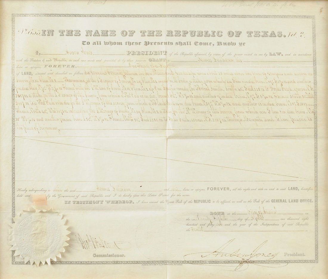 ANSON JONES LAND GRANT, SIGNED AS PRESIDENT OF THE REPU: ANSON JONES LAND GRANT, SIGNED AS PRESIDENT OF THE REPUBLIC OF TEXAS. Printed and completed in manuscript on vellum page, Austin, April 28, 1845, granting James Lathem and his heirs land in Gonzales C