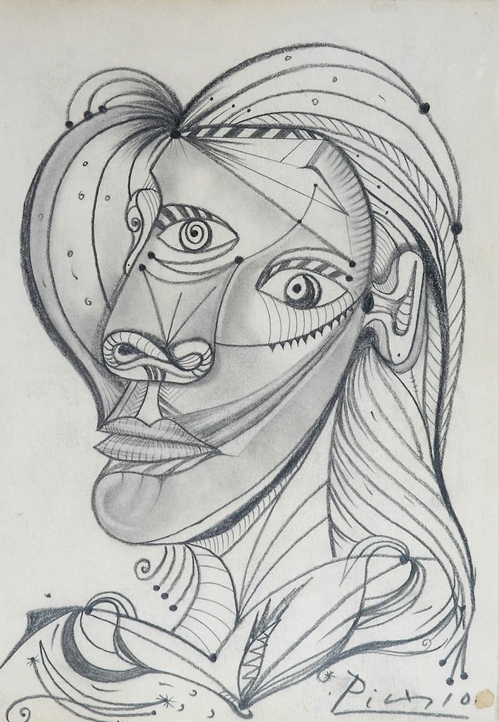 PABLO PICASSO (Spanish/French 1881-1973) A PENCIL DRAWI: PABLO PICASSO (Spanish/French 1881-1973) A PENCIL DRAWING, "Abstract Face," pencil on paper, signed L/R. 12" x 8". Framed. Estimate: $8,000.00.00 - $12,000.00.00