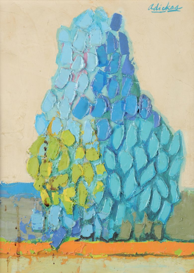 DAVID ADICKES (American b. 1927) A PAINTING, "Blue: DAVID ADICKES (American b. 1927) A PAINTING, "Blue Trees," oil on board, signed U/R. 9" x 12" Framed.