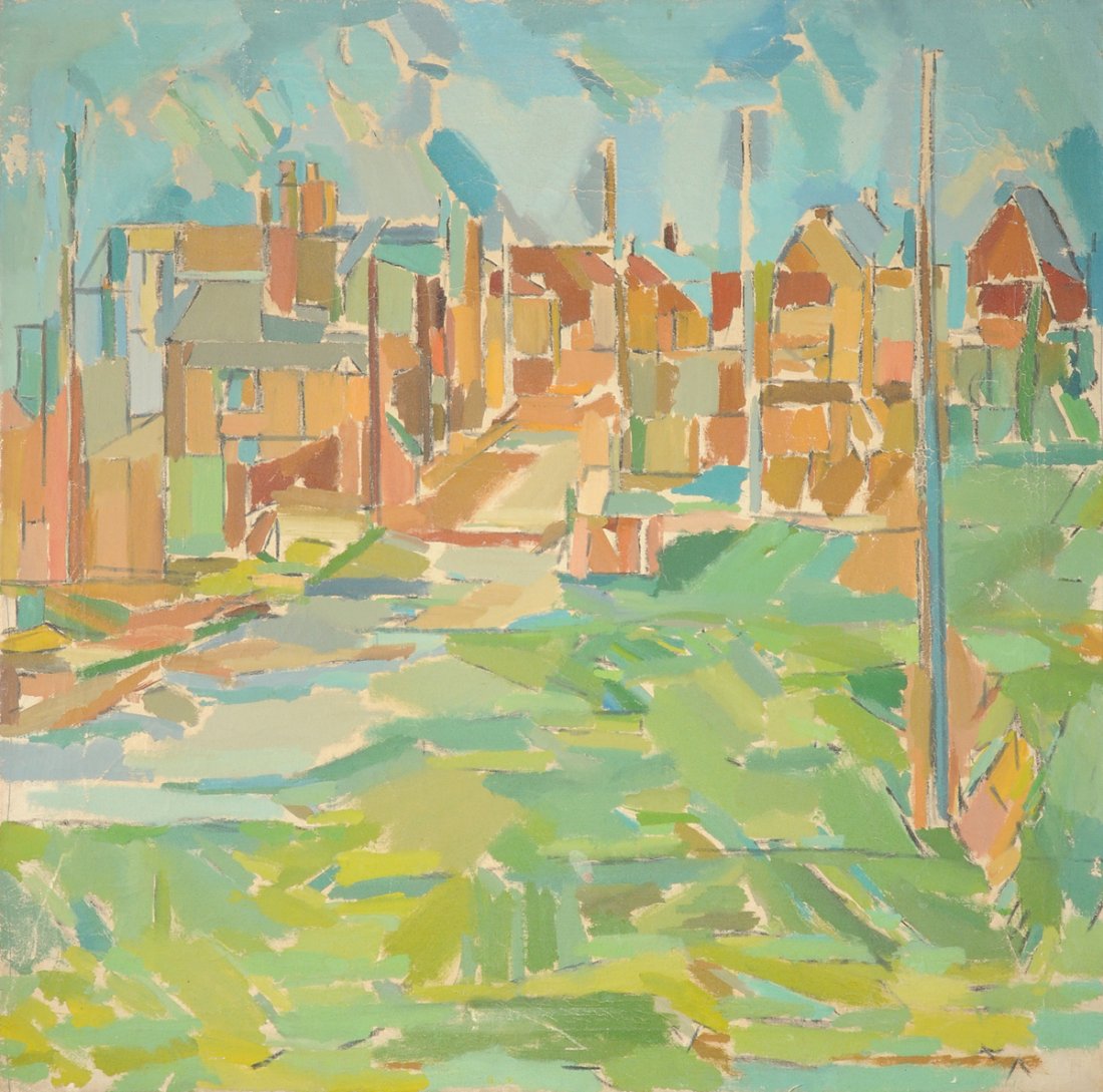 PHILIP SUTTON (British 1910-1983) A PAINTING,: PHILIP SUTTON (British 1910-1983) A PAINTING, "Landscape, Snape Village" oil on canvas, signed, titled, and dated April 1956 on verso. 34" x 34" Framed.