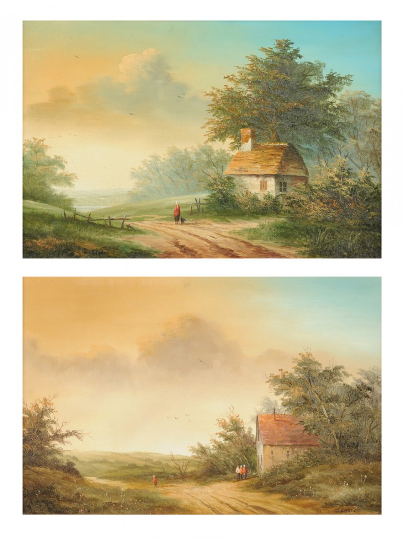 BRITISH SCHOOL (19th/20th Century) A PAIR OF PAINTINGS,: BRITISH SCHOOL (19th/20th Century) A PAIR OF PAINTINGS, "Rural Landscapes," oil on canvas, signed "J J Bond." 14" x 24" Framed.