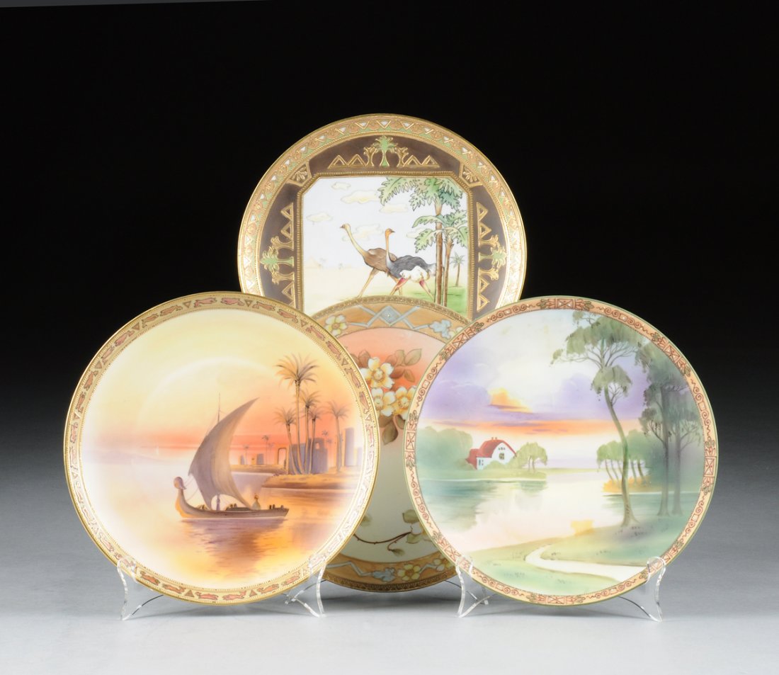 A GROUP OF FOUR VARIOUS NIPPON PARCEL GILT AND: A GROUP OF FOUR VARIOUS NIPPON PARCEL GILT AND POLYCHROME DECORATED PLATES, OVERGLAZE GREEN AND BLUE MARKS, EARLY 20TH CENTURY, each of circular form and centering a different scene, comprising one de
