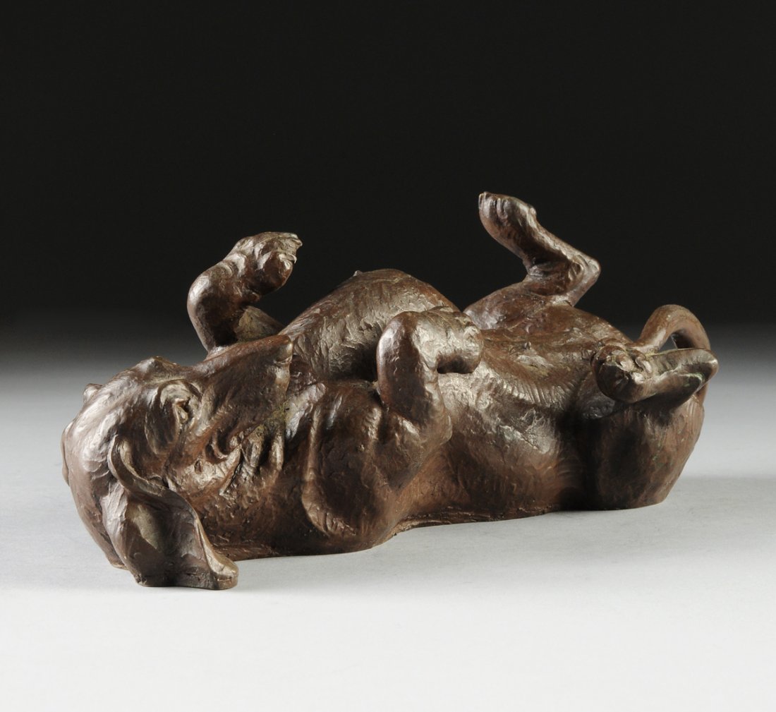 DORIS LINDNER (British 1896-1979) A SCULPTURE, "Rolling: DORIS LINDNER (British 1896-1979) A SCULPTURE, "Rolling Dachshund," resin with bronze colored finish, signed. Height: 4 1/4" Width: 10 1/2" Depth: 5 1/8"