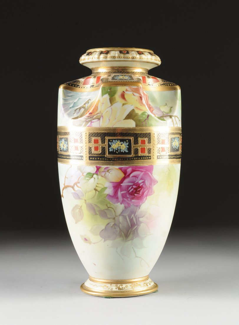 A LARGE NIPPON PARCEL GILT AND POLYCHROME PAINTED VASE,: A LARGE NIPPON PARCEL GILT AND POLYCHROME PAINTED VASE, OVERGLAZE GREEN MORIMURA BROS RETAIL MARK, EARLY 20TH CENTURY, the tapering circular vase with sides centering blossoming rose stems, partitione