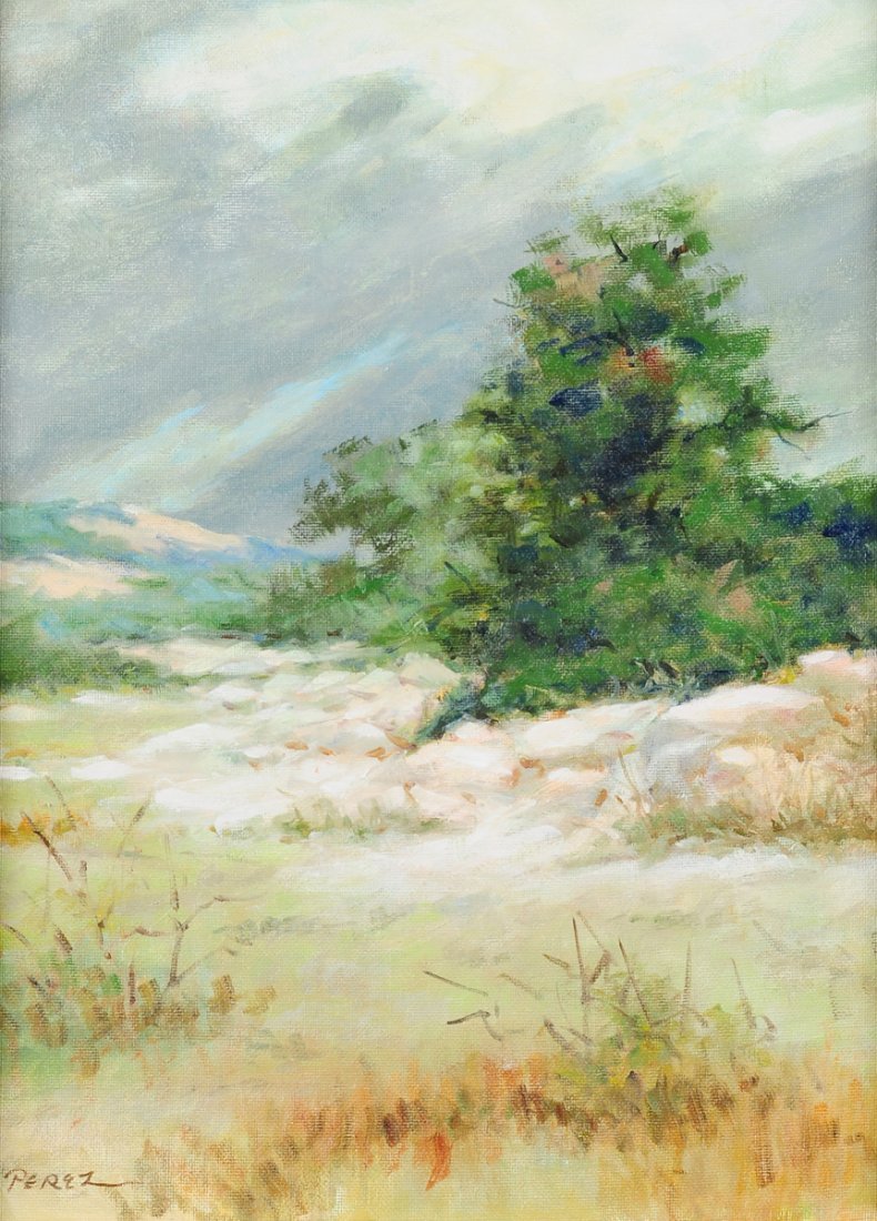 JOSE PEREZ (American b. 1929)A PAINTING, "The Drought: JOSE PEREZ (American b. 1929)A PAINTING, "The Drought is Over," oil on canvasboard, signed L/L. 16" x 20" Framed.