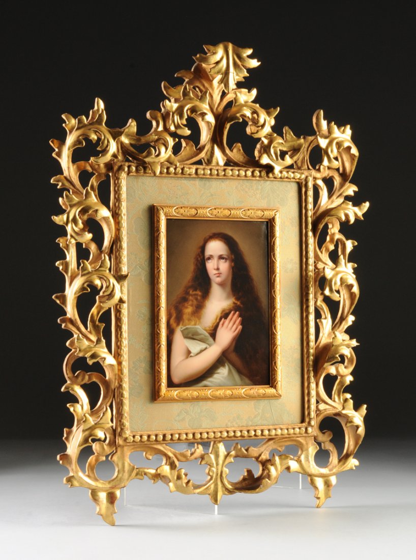 A BERLIN KPM PAINTED PORTRAIT PLAQUE, IMPRESSED SCEPTER: A BERLIN KPM PAINTED PORTRAIT PLAQUE, IMPRESSED SCEPTER AND INITIALS, ARTIST'S SIGNATURE "GUST," LATE 19TH/EARLY 20TH CENTURY, of rectangular form and possibly depicting Mary Magdalene having long wav
