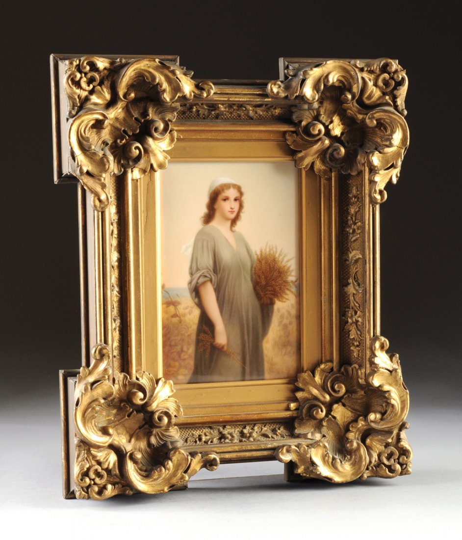 A BERLIN KPM PAINTED PLAQUE OF RUTH, AFTER CHARLES: A BERLIN KPM PAINTED PLAQUE OF RUTH, AFTER CHARLES LANDELLE (FRENCH 1812-1908), IMPRESSED SCEPTER MARK AND "K.P.M" OVER "H", LATE 19TH/EARLY 20TH CENTURY, of rectangular form and centering a three-qua
