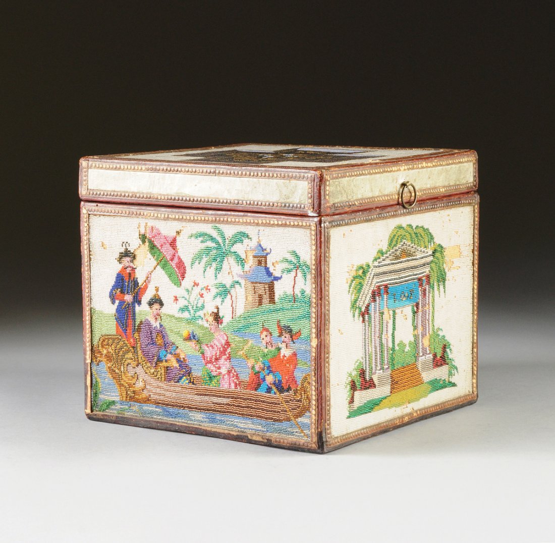 A GEORGE III POLYCHROME BEADWORK AND TOOLED LEATHER: A GEORGE III POLYCHROME BEADWORK AND TOOLED LEATHER BOX, LATE 18TH/EARLY 19TH CENTURY, of square form and with a hinged lid centering a perspective cross above sides depicting: a classical temple with