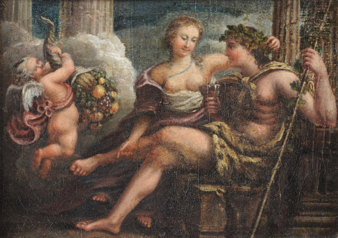 ITALIAN SCHOOL (18TH CENTURY) A PAINTING, "Bacchus and: ITALIAN SCHOOL (18TH CENTURY) A PAINTING, "Bacchus and Aphrodite with Cupid," oil on canvas, unsigned, within parcel gilt and ebonized carved wood frame. Height: 6 3/4" Width: 9"