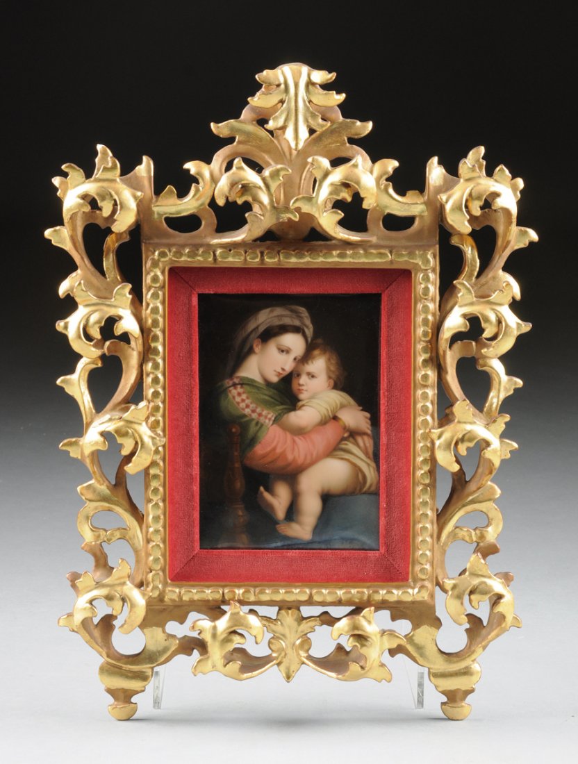 A BERLIN KPM PAINTED PORTRAIT PLAQUE OF THE "MADONNA: A BERLIN KPM PAINTED PORTRAIT PLAQUE OF THE "MADONNA DELLA SEDIA", AFTER RAPHAEL SANZIO (ITALIAN 1483-1520), IMPRESSED AND INCISED MARKS, LATE 19TH/EARLY 20TH CENTURY, of rectangular form and traditio