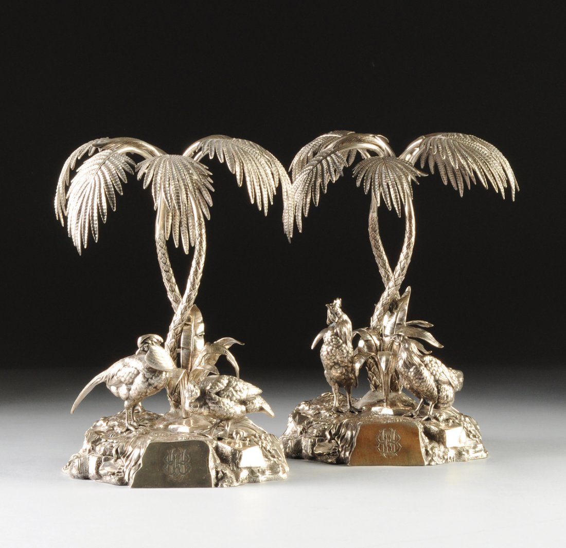 A FINE PAIR OF VICTORIAN ELKINGTON & CO. SILVER PLATED: A FINE PAIR OF VICTORIAN ELKINGTON & CO. SILVER PLATED DINING TABLE CENTERPIECES, STAMPED ELKINGTON & CO., HALLMARKED, MID-19TH CENTURY, each intricately detailed as a proud rooster and hen, or a long