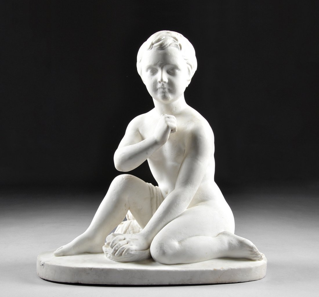 after FRANCESCO POZZI (Florentine, Second Half 19th: after FRANCESCO POZZI (Florentine, Second Half 19th Century) A MARBLE SCULPTURE, "Boy with Turtle," signed on the oval base. NOTE: The surface is lightly weathered and the forefinger of the right hand