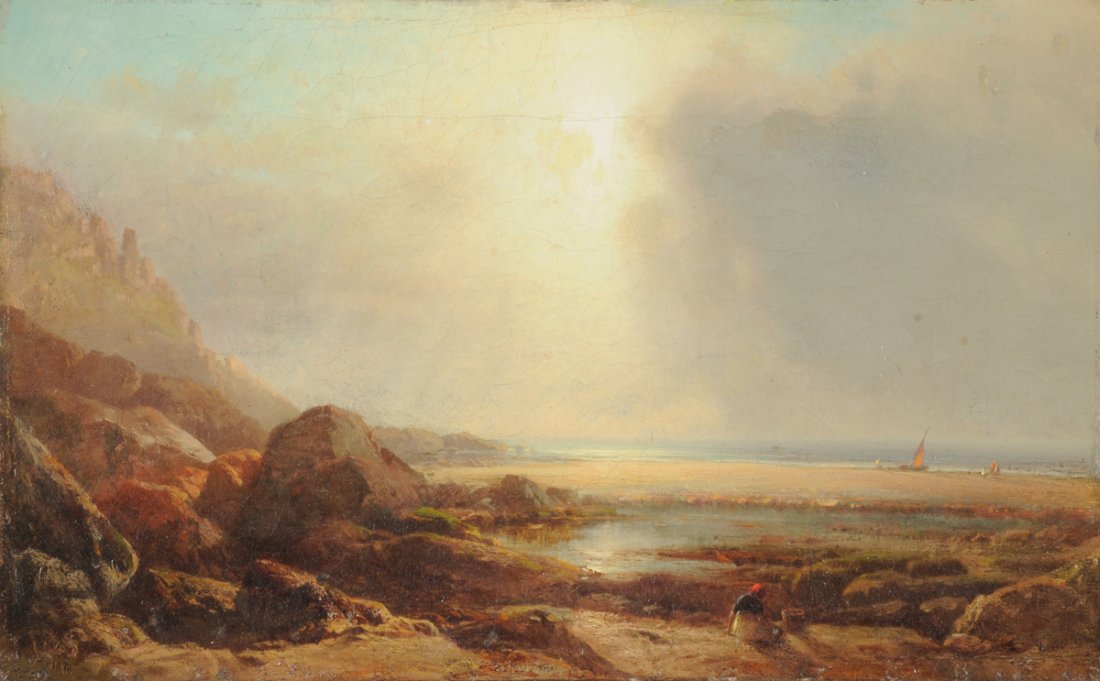 WILLIAM HART (Scottish/American 1823-1894) A PAINTING,: WILLIAM HART (Scottish/American 1823-1894) A PAINTING, "Seascape," oil on canvas, signed L/L. 10 7/8" x 17 5/8"