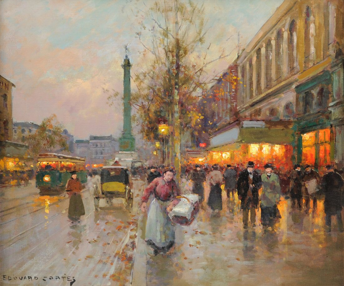 ÉDOUARD CORTÈS (French 1882-1969) A PAINTING, "Place de: ÉDOUARD CORTÈS (French 1882-1969) A PAINTING, "Place de la Bastille," oil on canvas, signed L/L. 18 1/4" x 21 3/4" Framed. This painting will come with a letter of authenticity from Mr. David Klein.